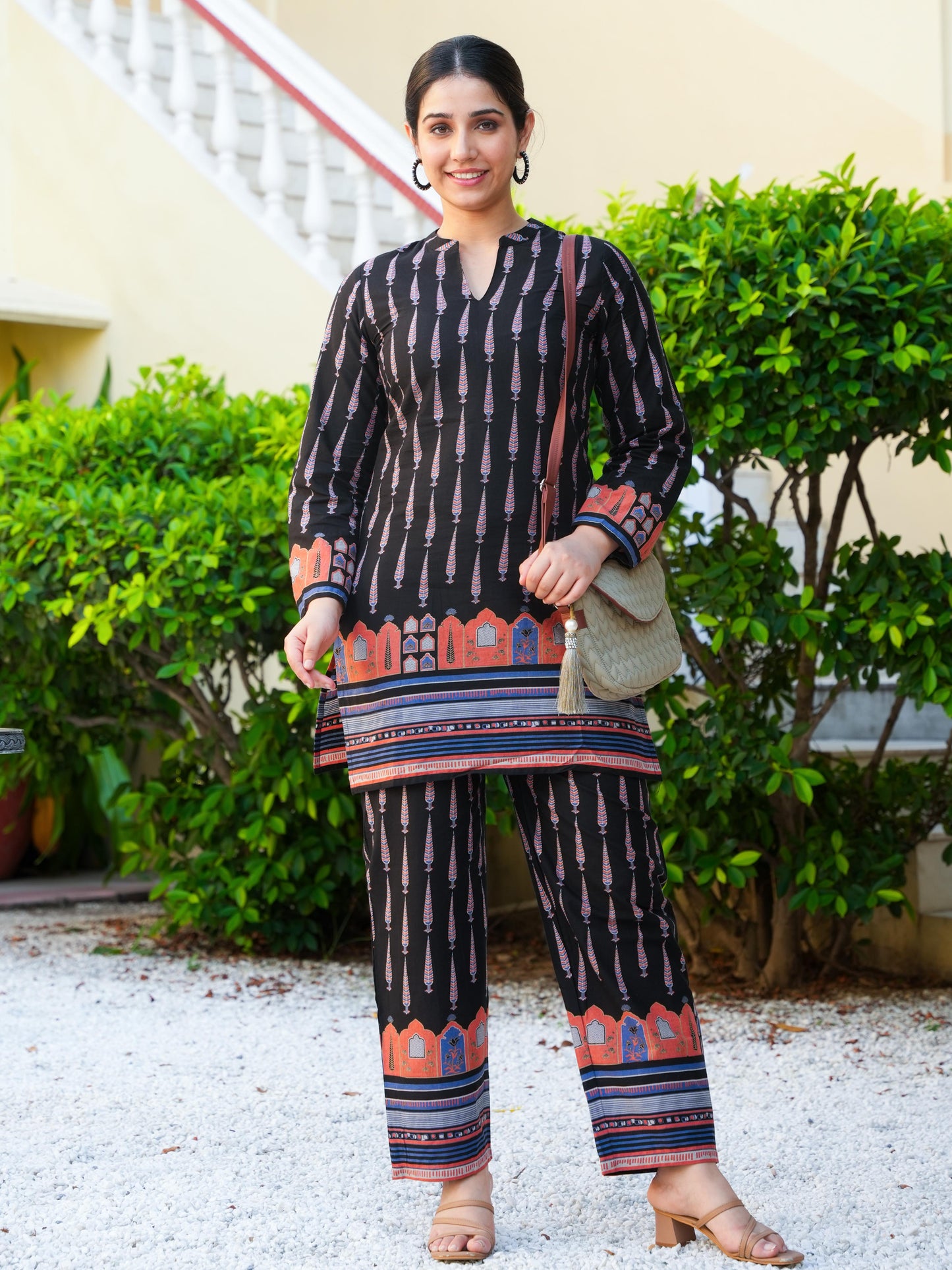Soft Cotton Placement Print Angrakha Black Kurta