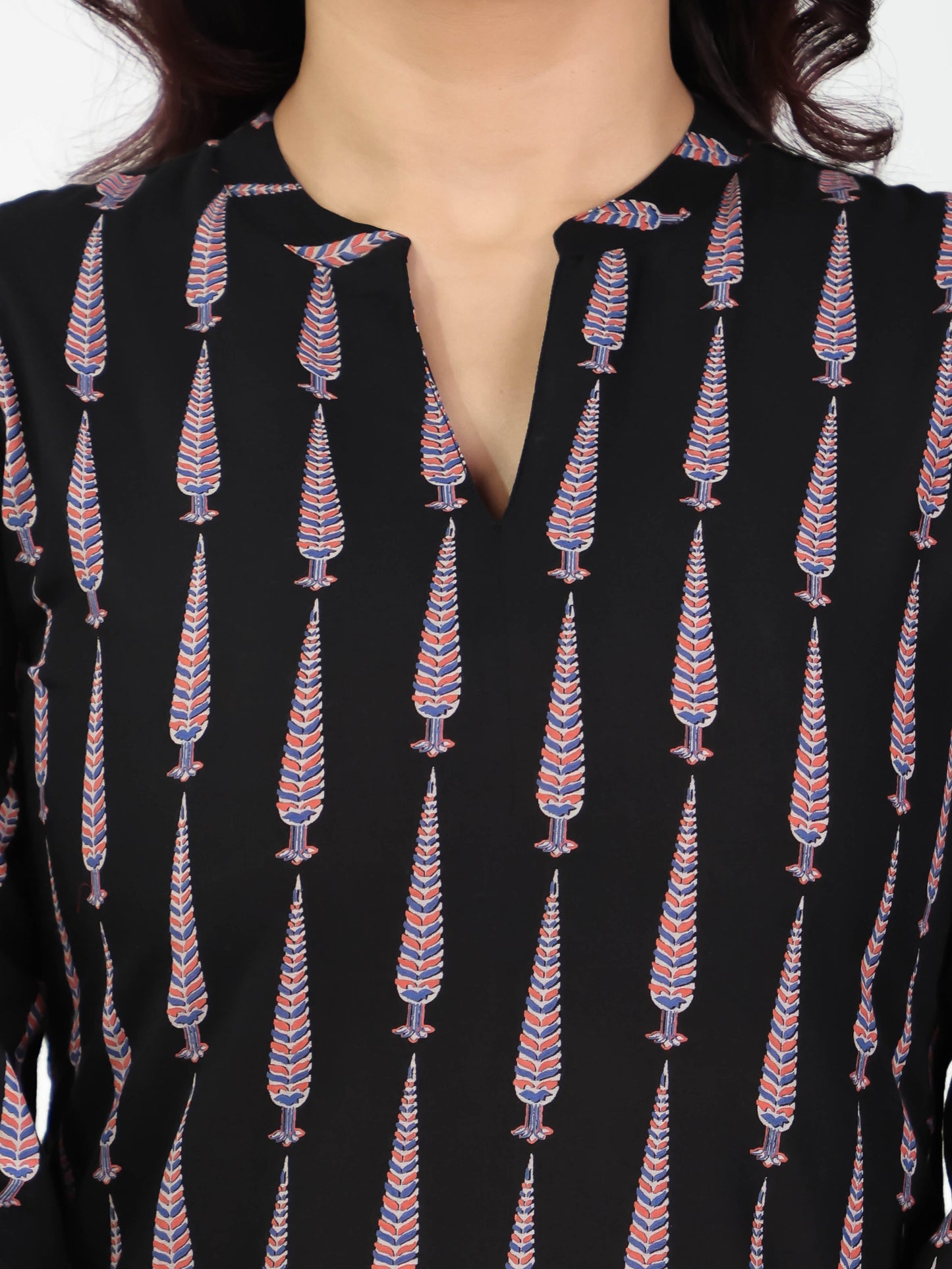 Soft Cotton Placement Print Angrakha Black Kurta