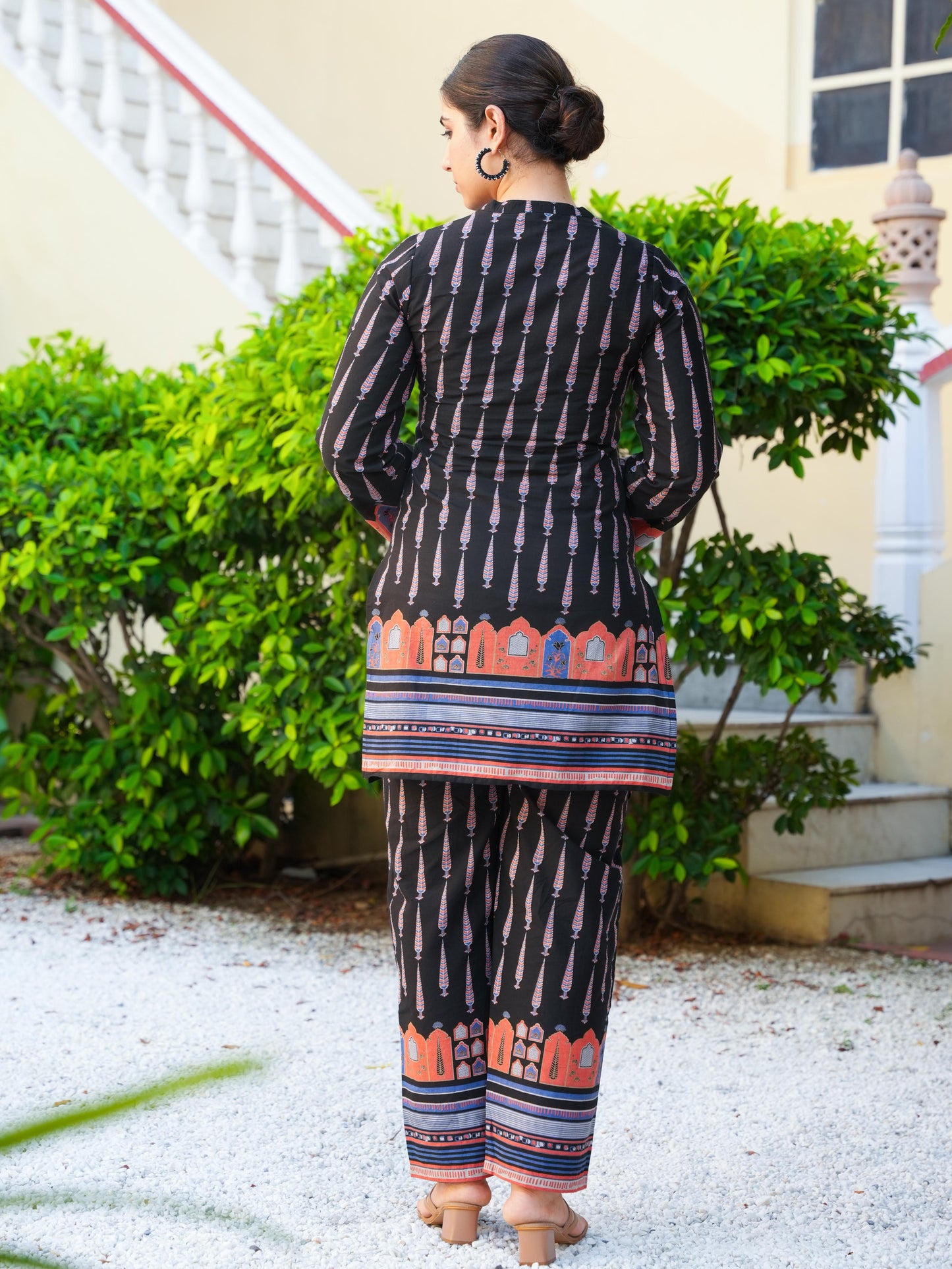 Soft Cotton Placement Print Angrakha Black Kurta
