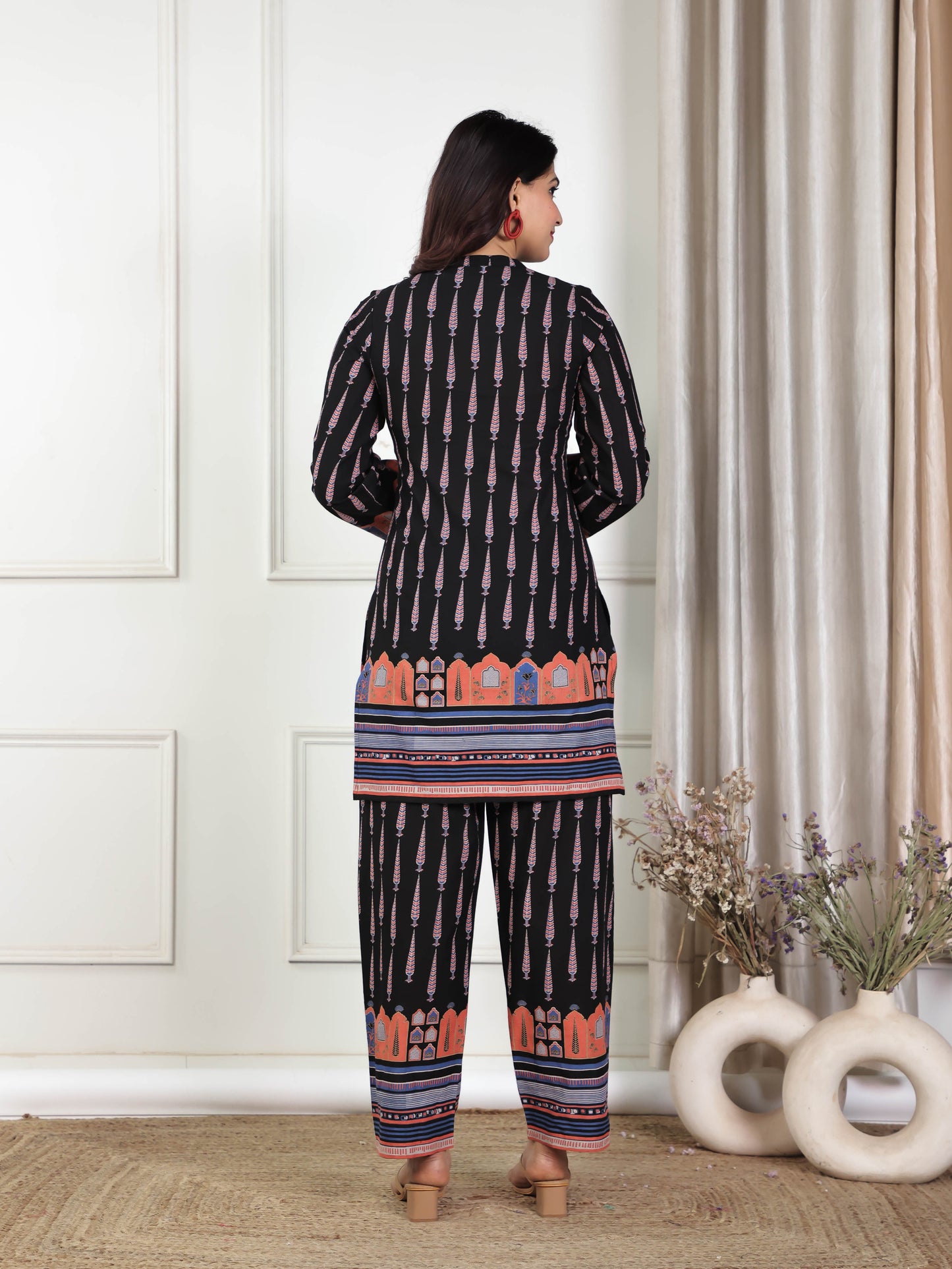 Soft Cotton Placement Print Angrakha Black Kurta
