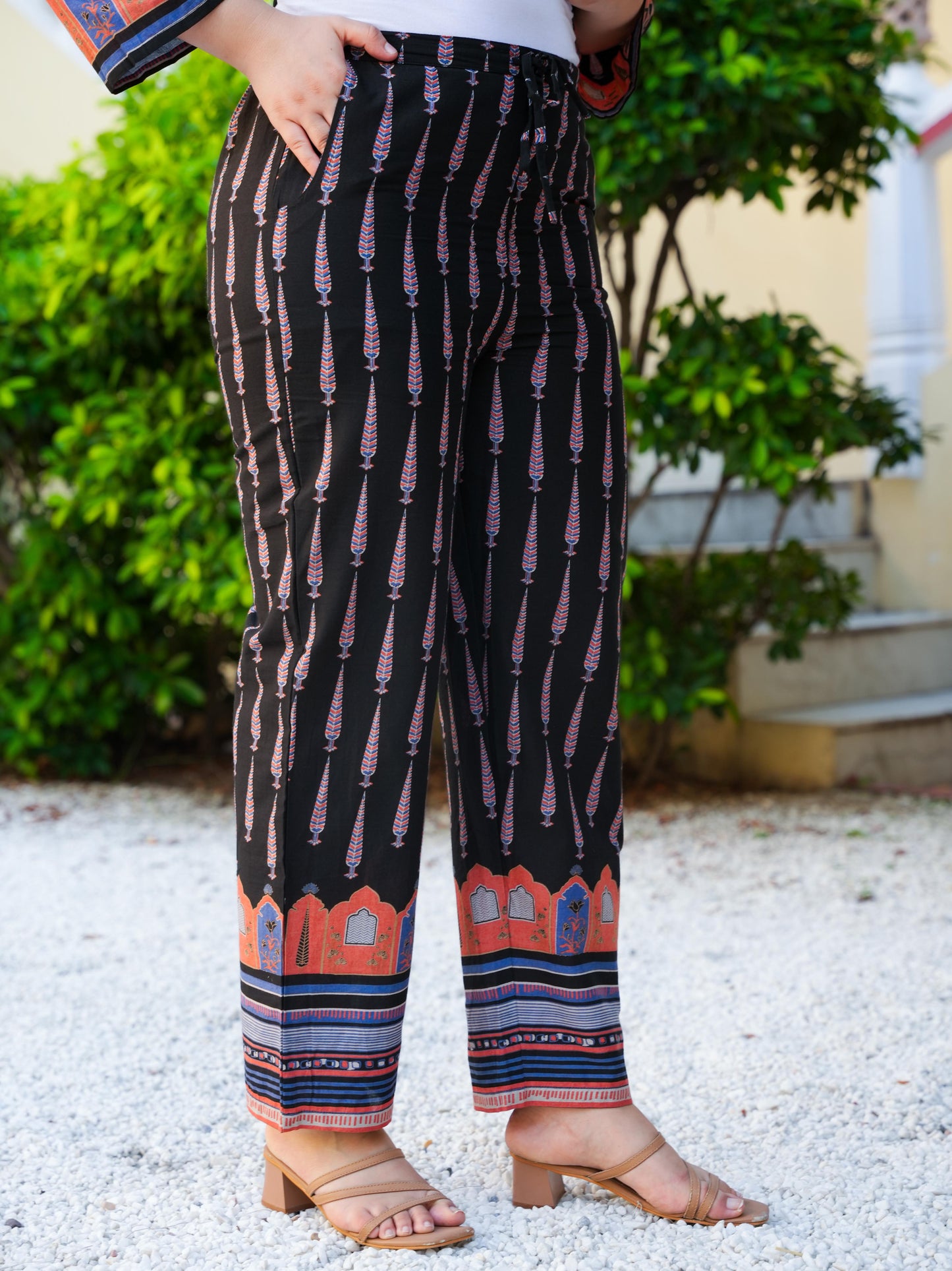 Soft Cotton Placement Print Angrakha Black Kurta
