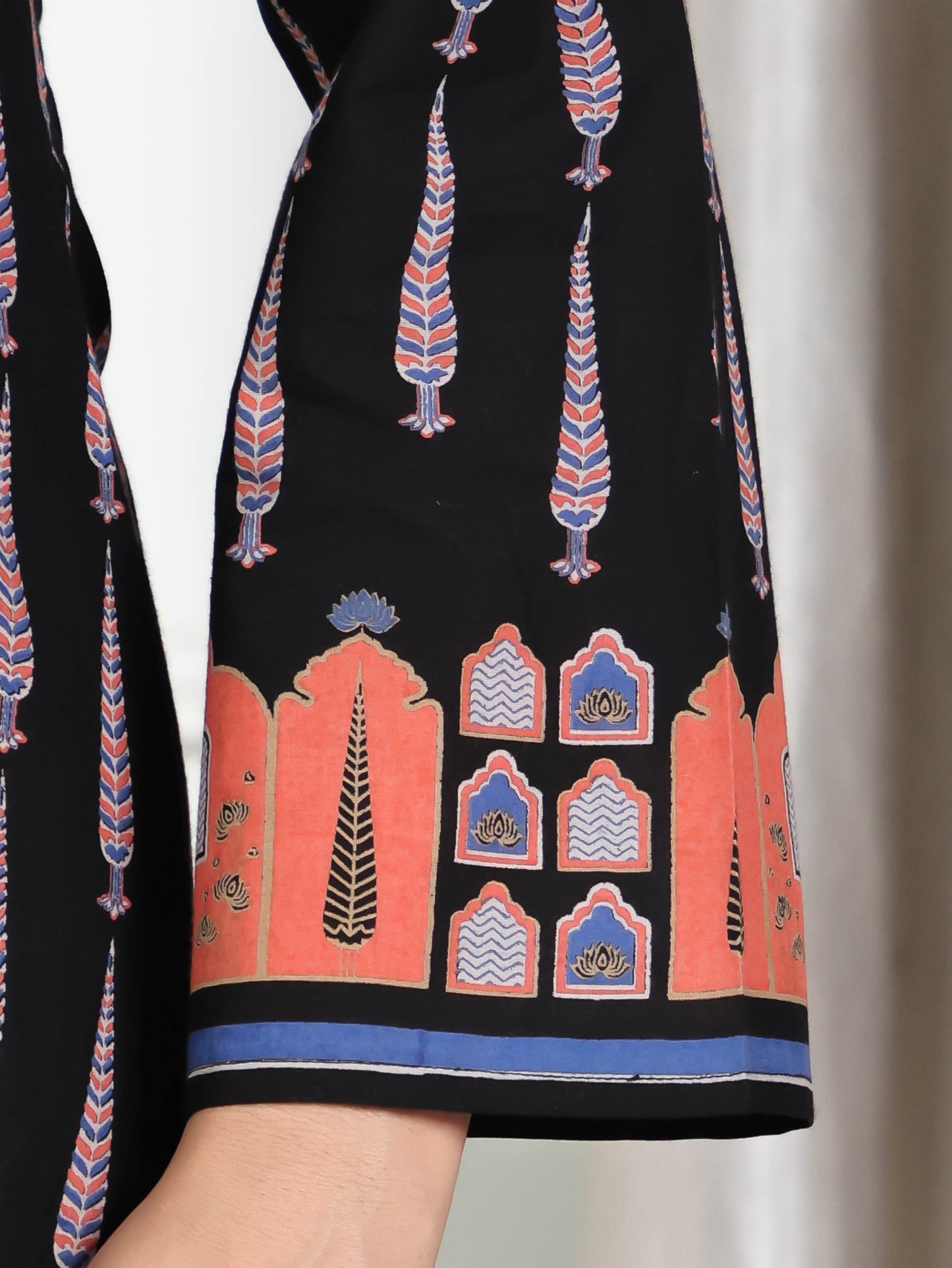 Soft Cotton Placement Print Angrakha Black Kurta
