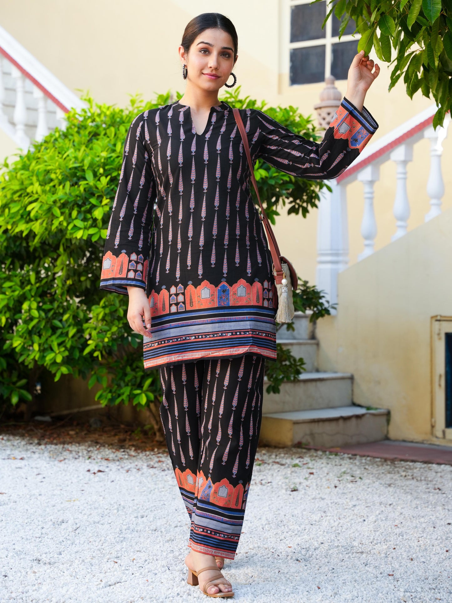 Soft Cotton Placement Print Angrakha Black Kurta