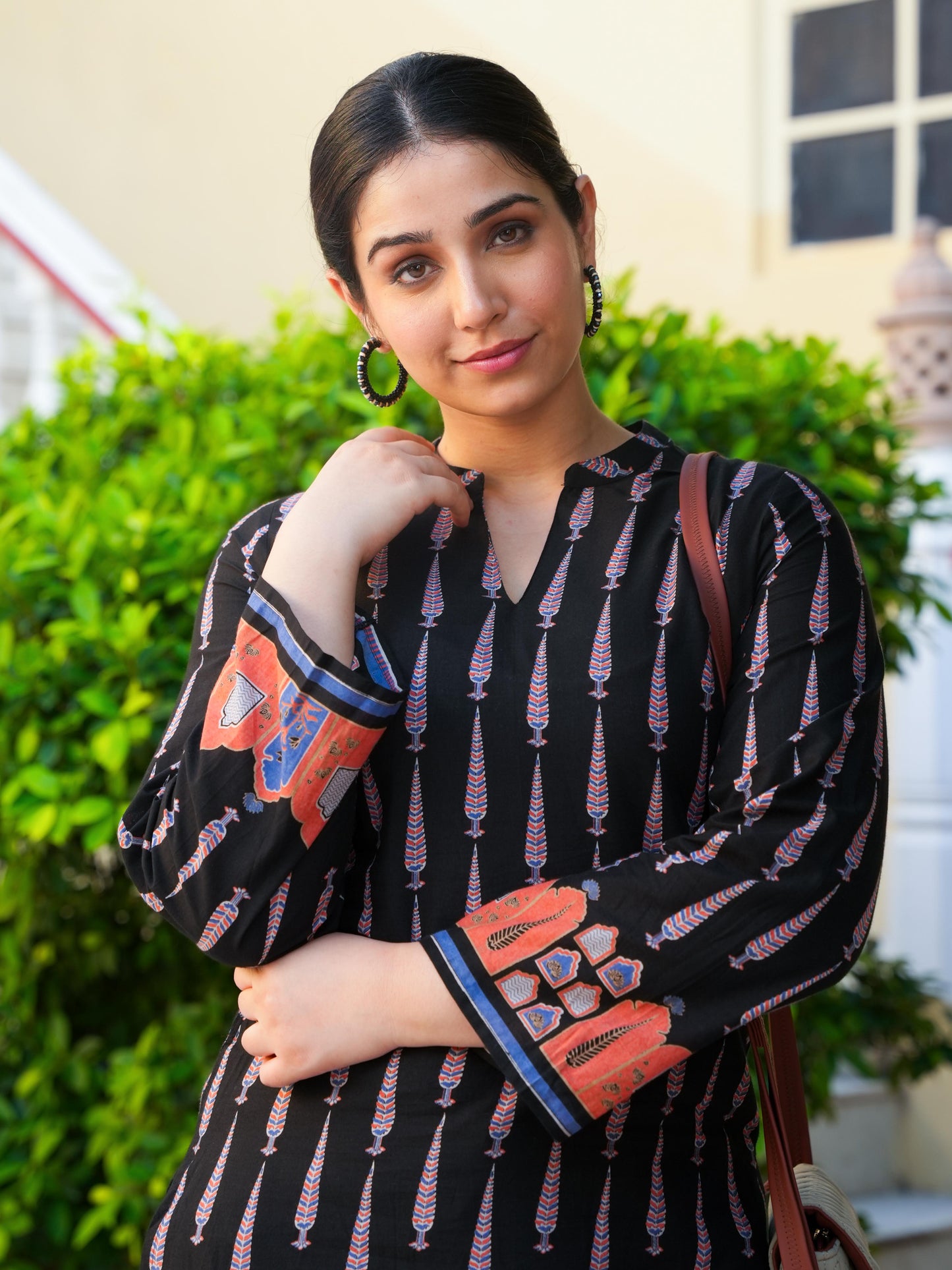 Soft Cotton Placement Print Angrakha Black Kurta