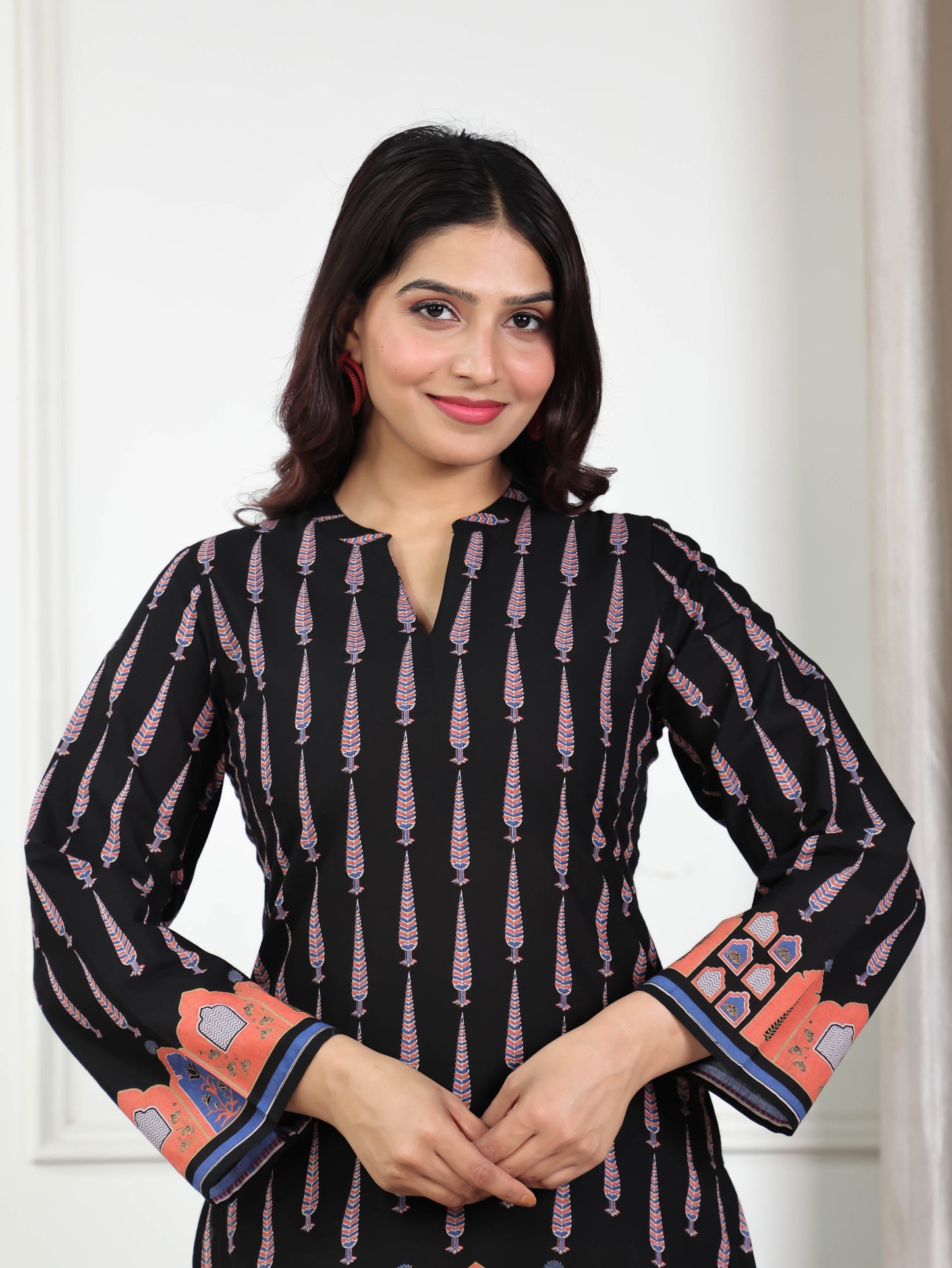 Soft Cotton Placement Print Angrakha Black Kurta