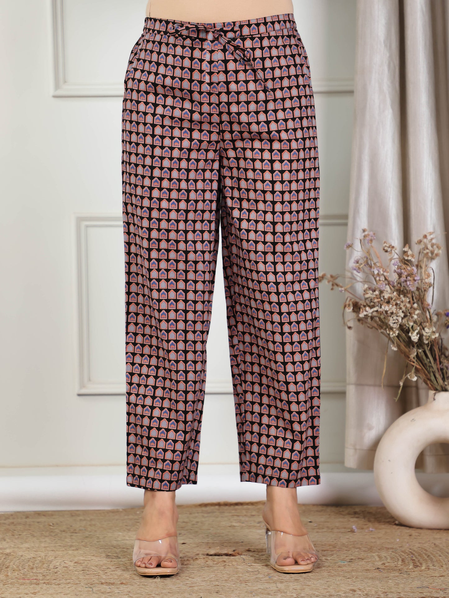 Soft Cotton Ajrakh Black Straight Trousers