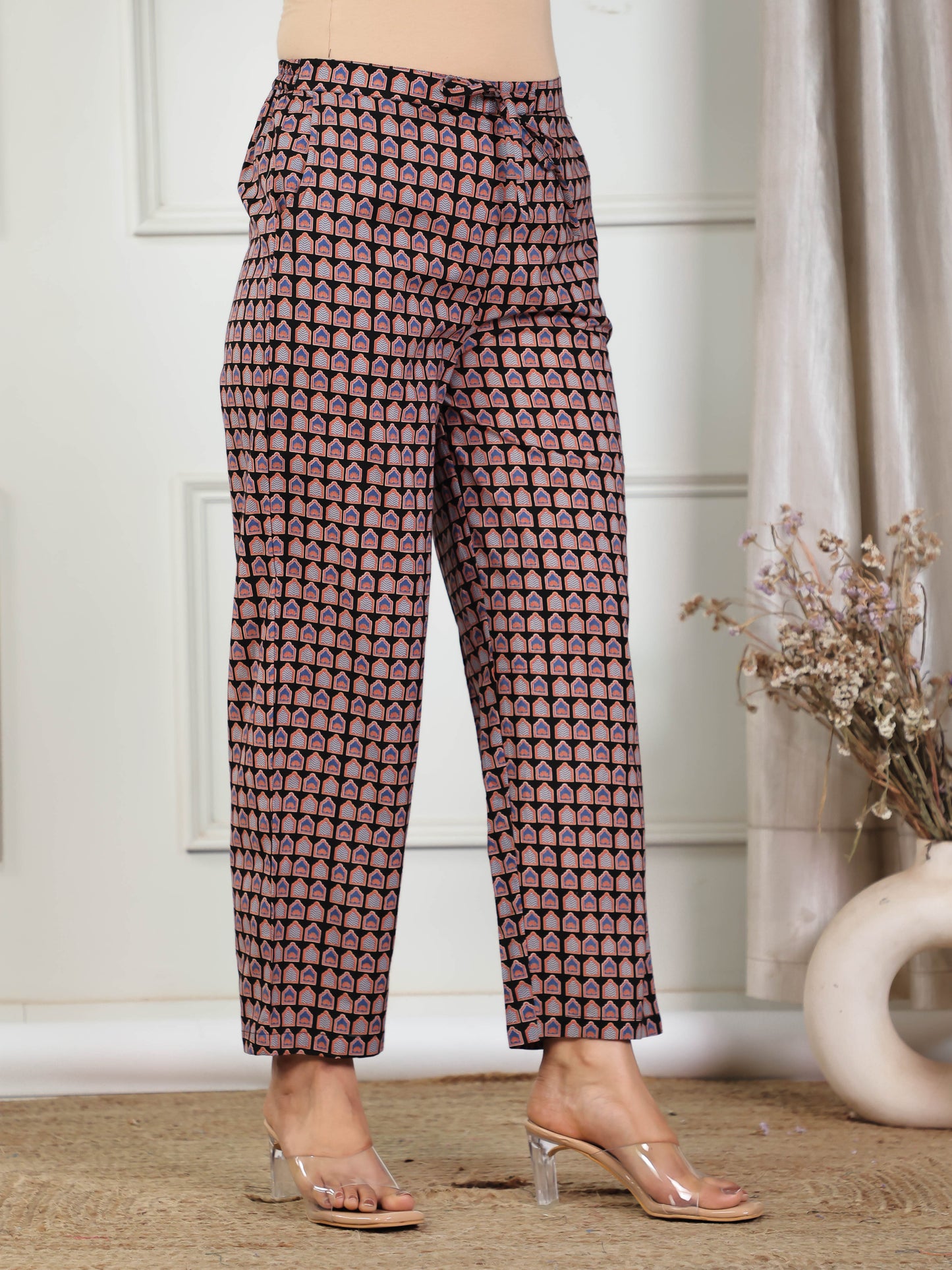 Soft Cotton Ajrakh Black Straight Trousers