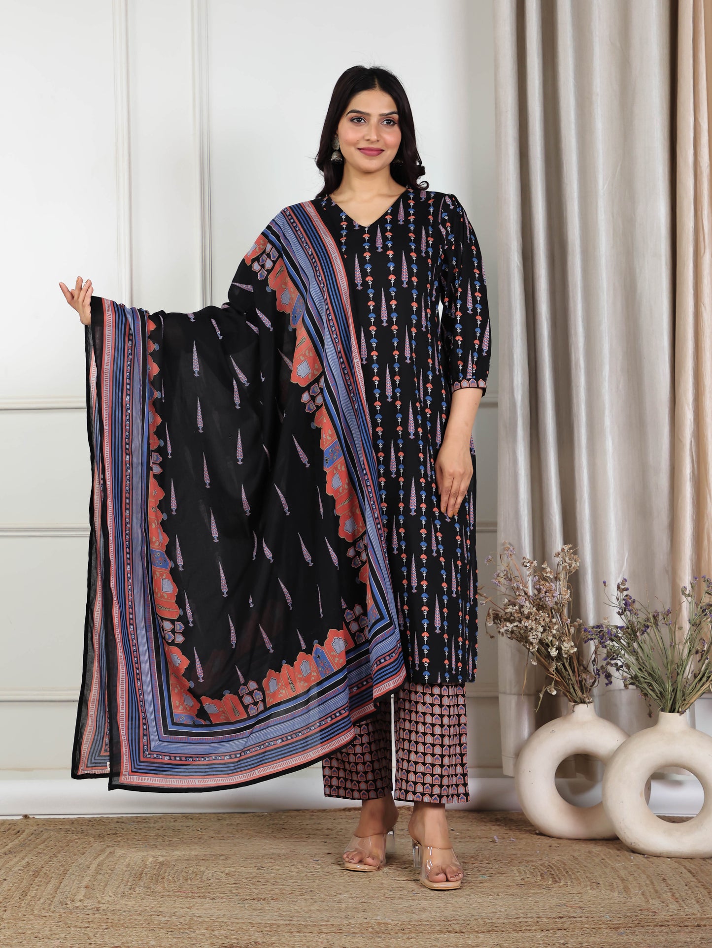Cotton Voile Ajrakh Black Dupatta