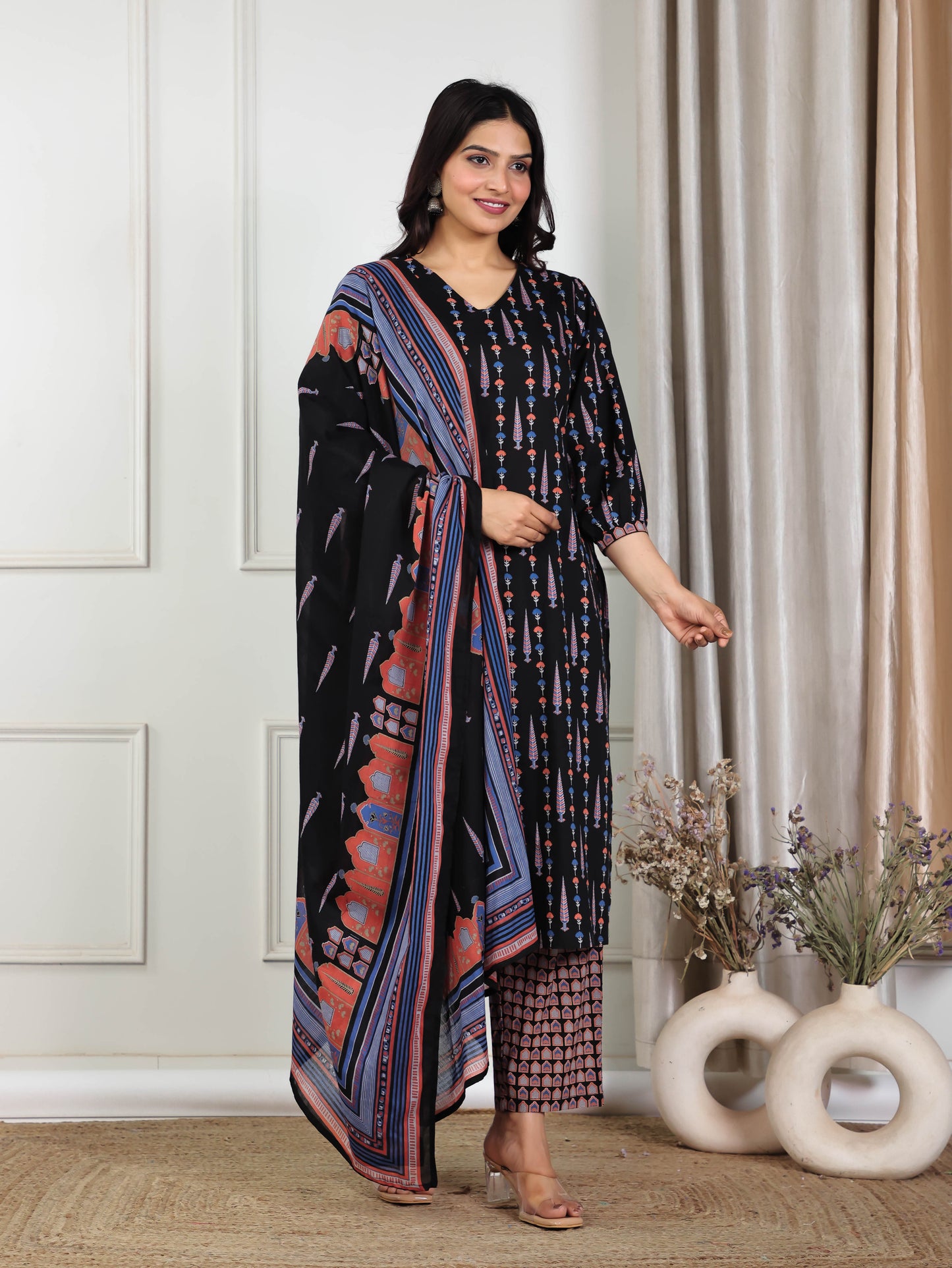 Cotton Voile Ajrakh Black Dupatta