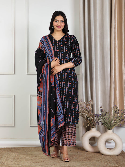 Cotton Voile Ajrakh Black Dupatta