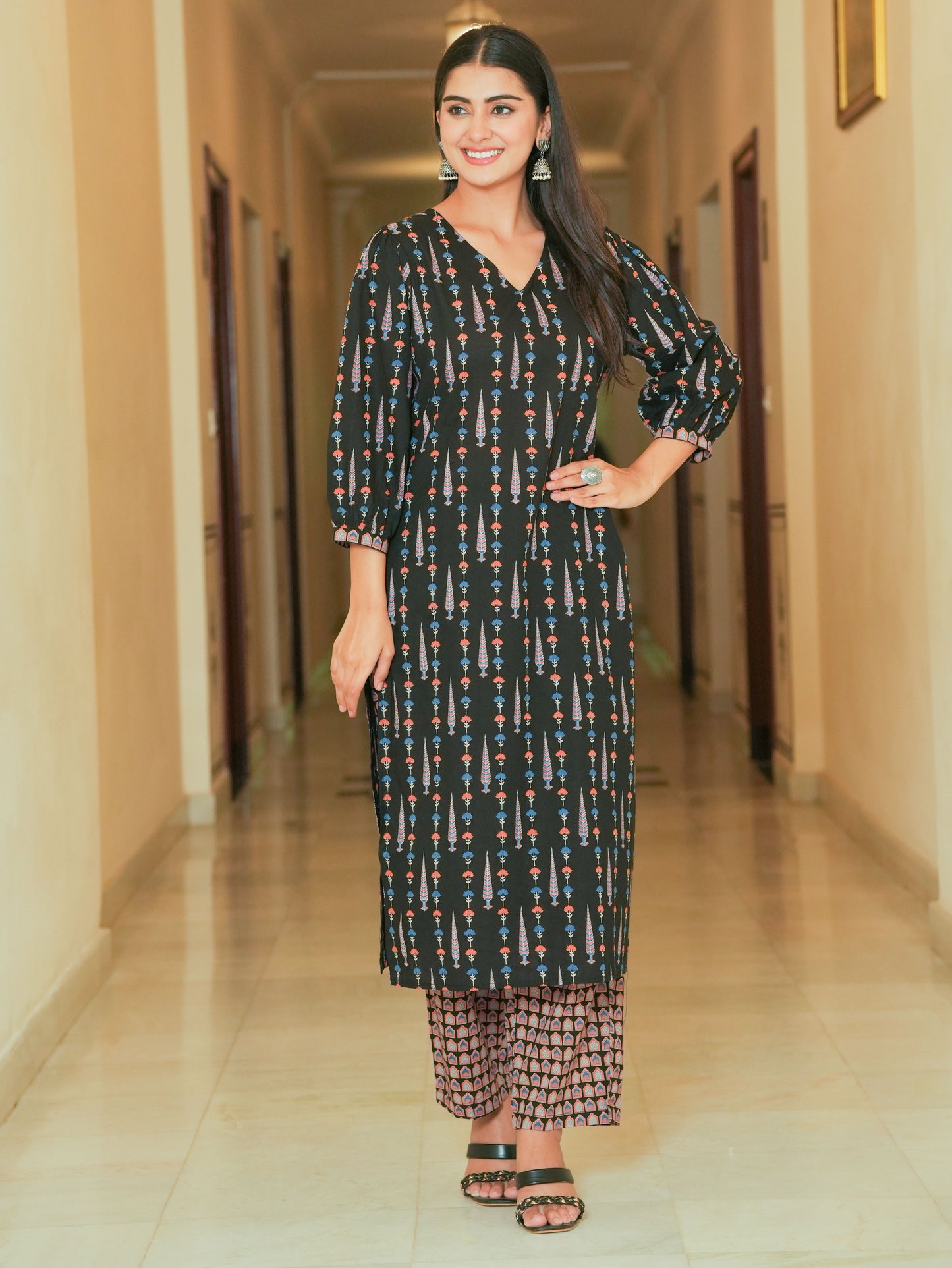 Soft Cotton Ajrakh Straight Black Kurta
