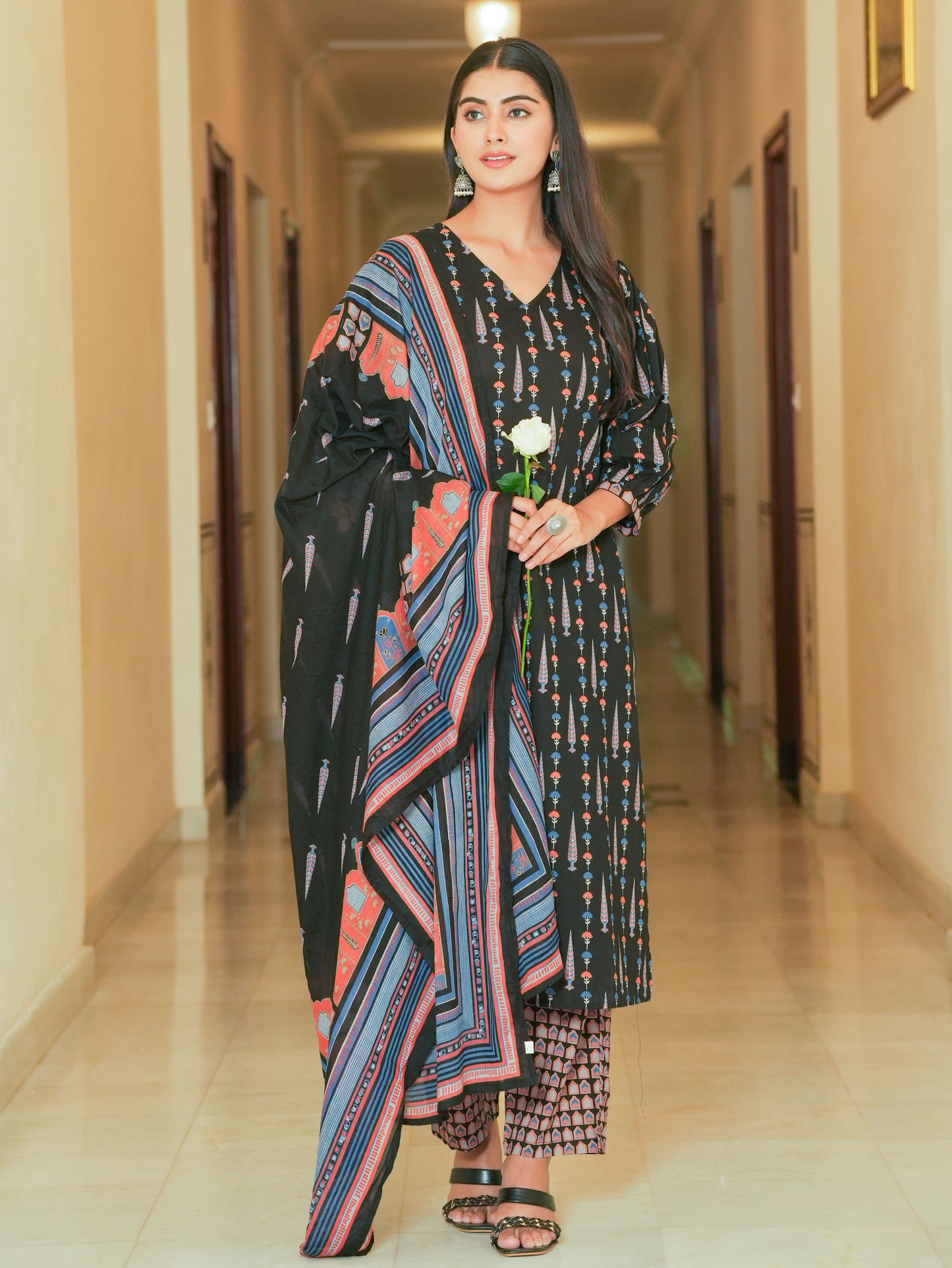 Soft Cotton Ajrakh Straight Black Kurta