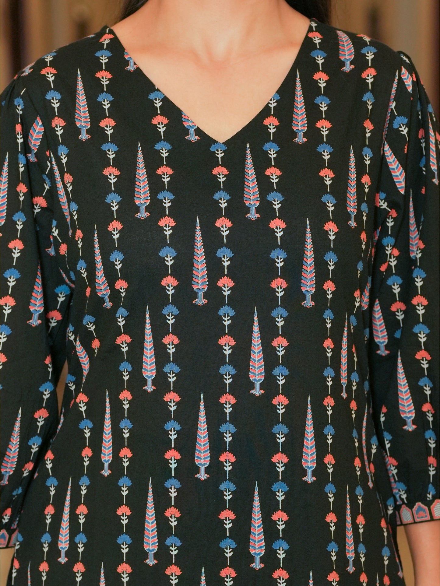 Soft Cotton Ajrakh Straight Black Kurta