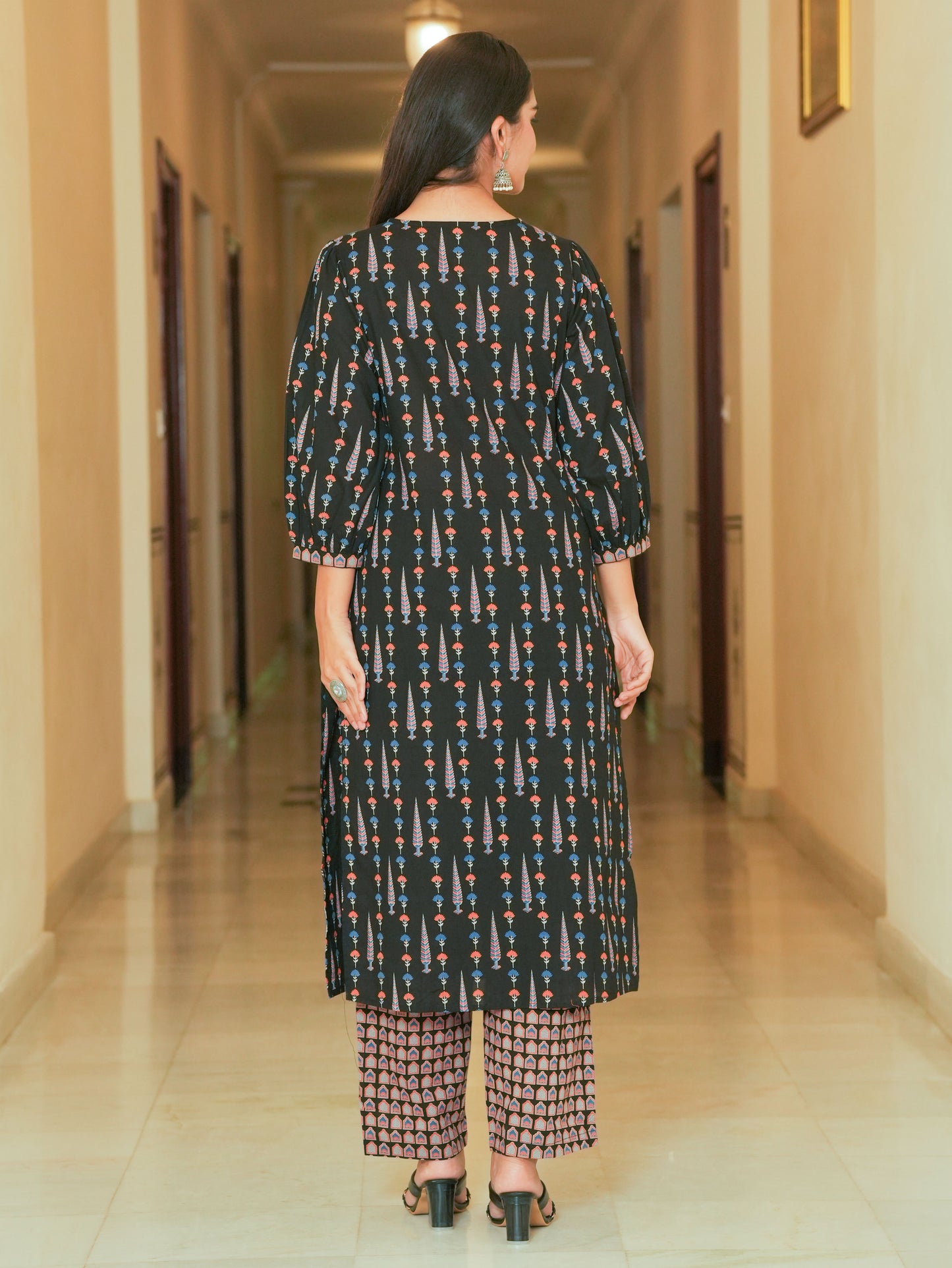 Soft Cotton Ajrakh Straight Black Kurta