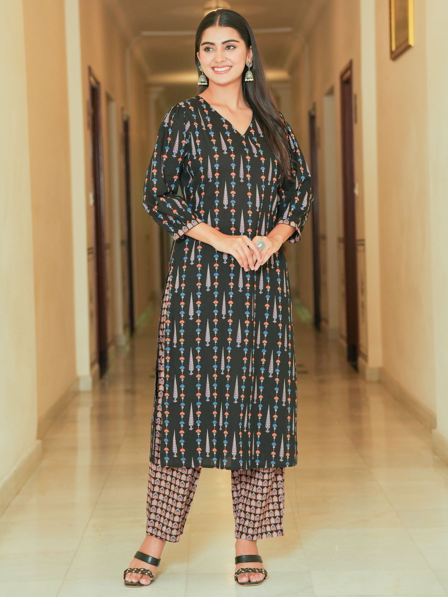 Soft Cotton Ajrakh Straight Black Kurta
