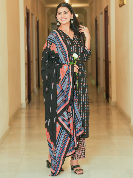 Cotton Voile Ajrakh Black Dupatta