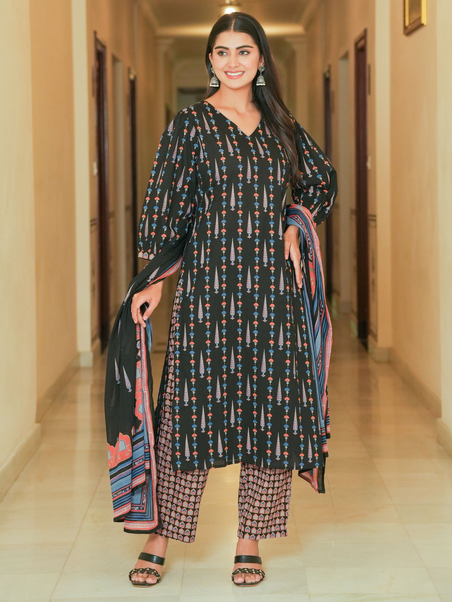 Soft Cotton Ajrakh Straight Black Kurta