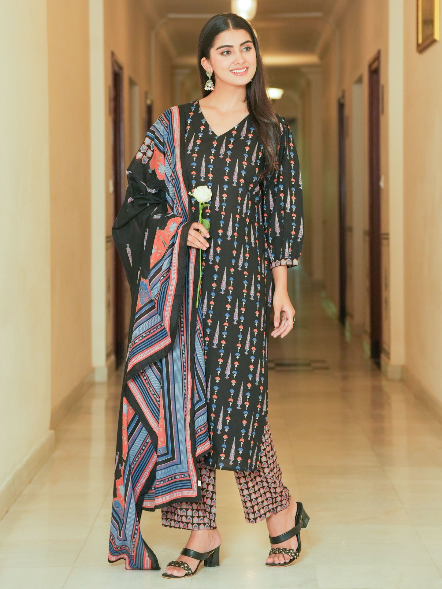 Cotton Voile Ajrakh Black Dupatta