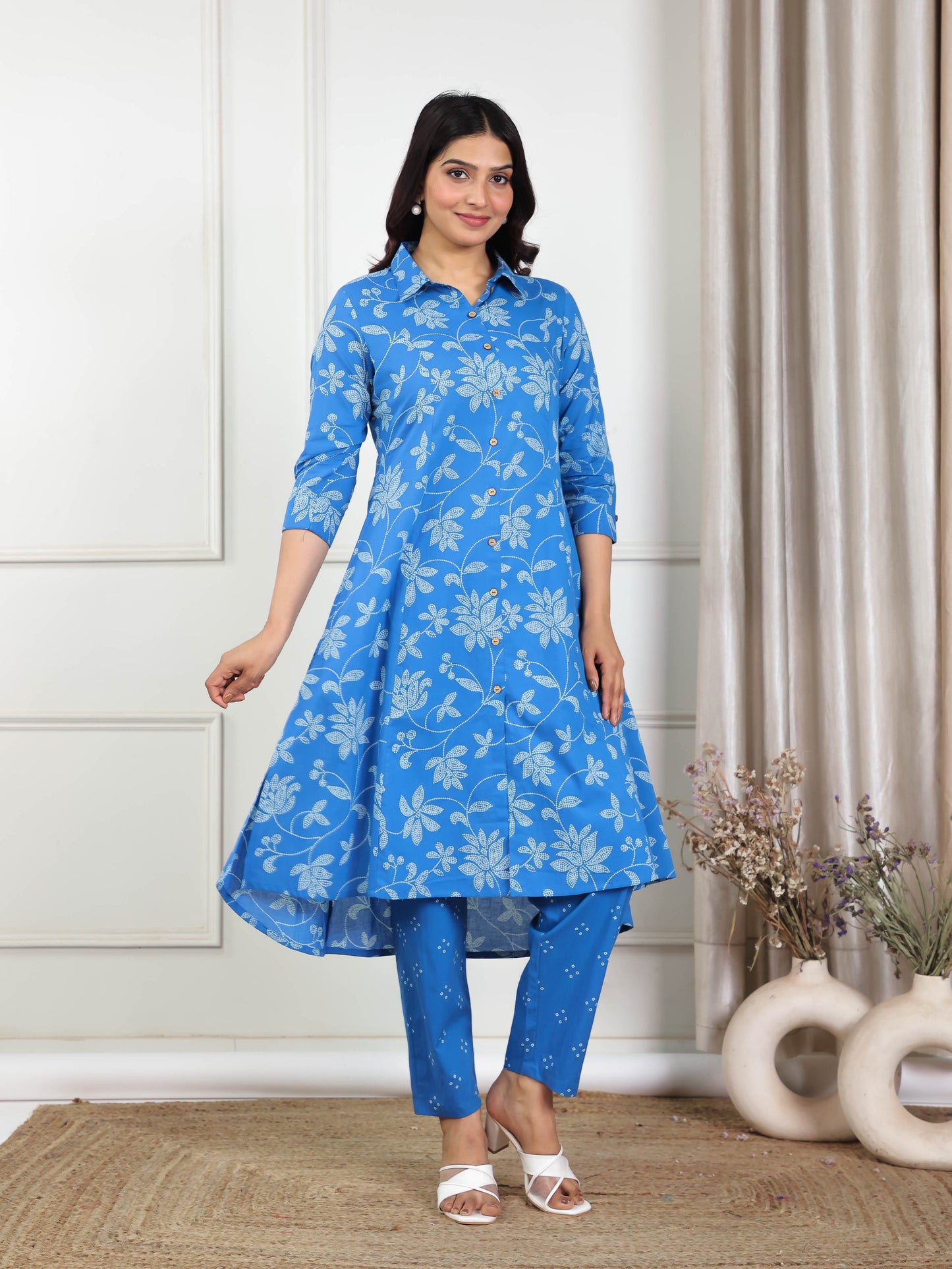 Soft Cotton Bandhani High Low Blue Kurta