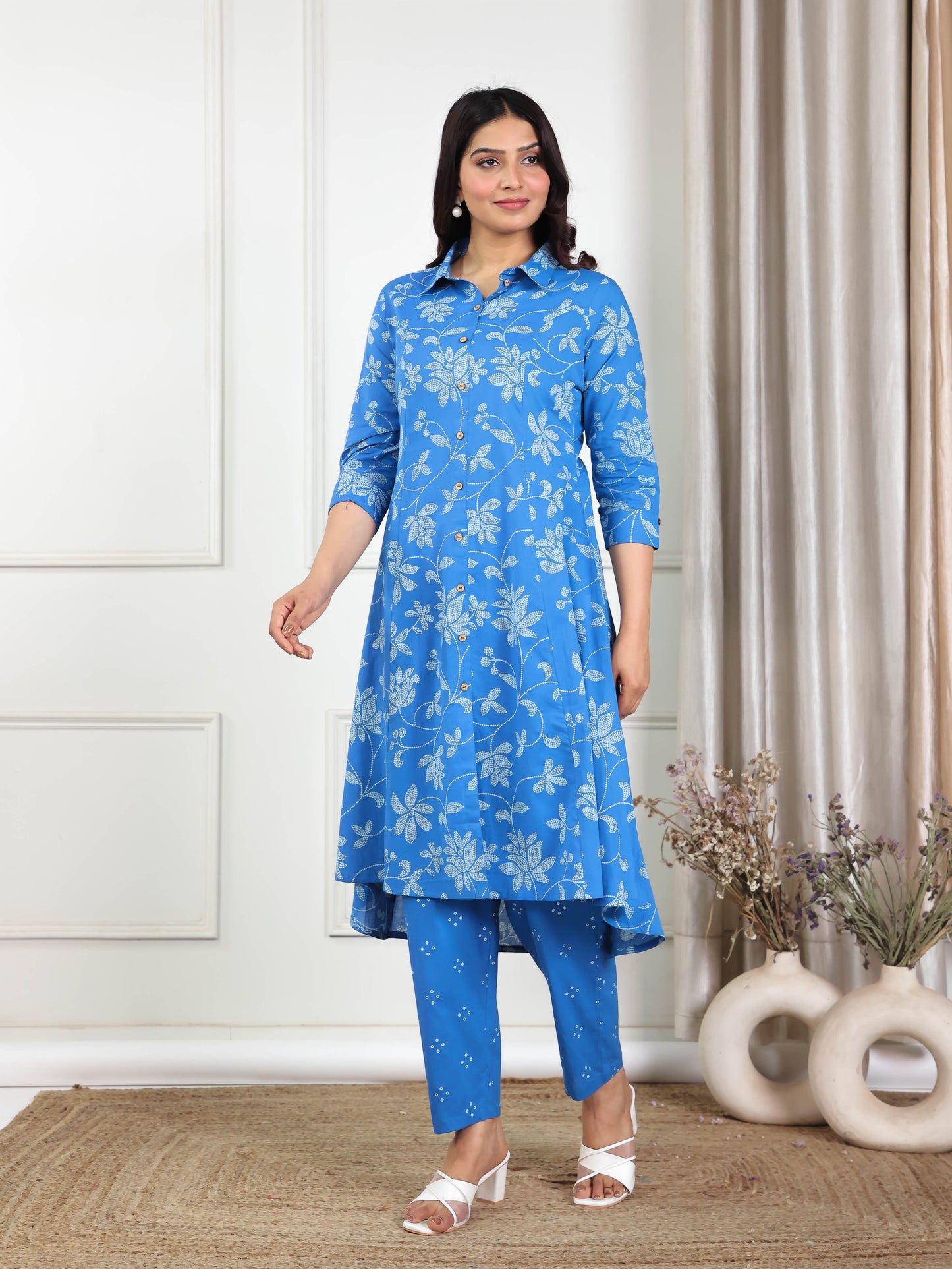 Soft Cotton Bandhani High Low Blue Kurta