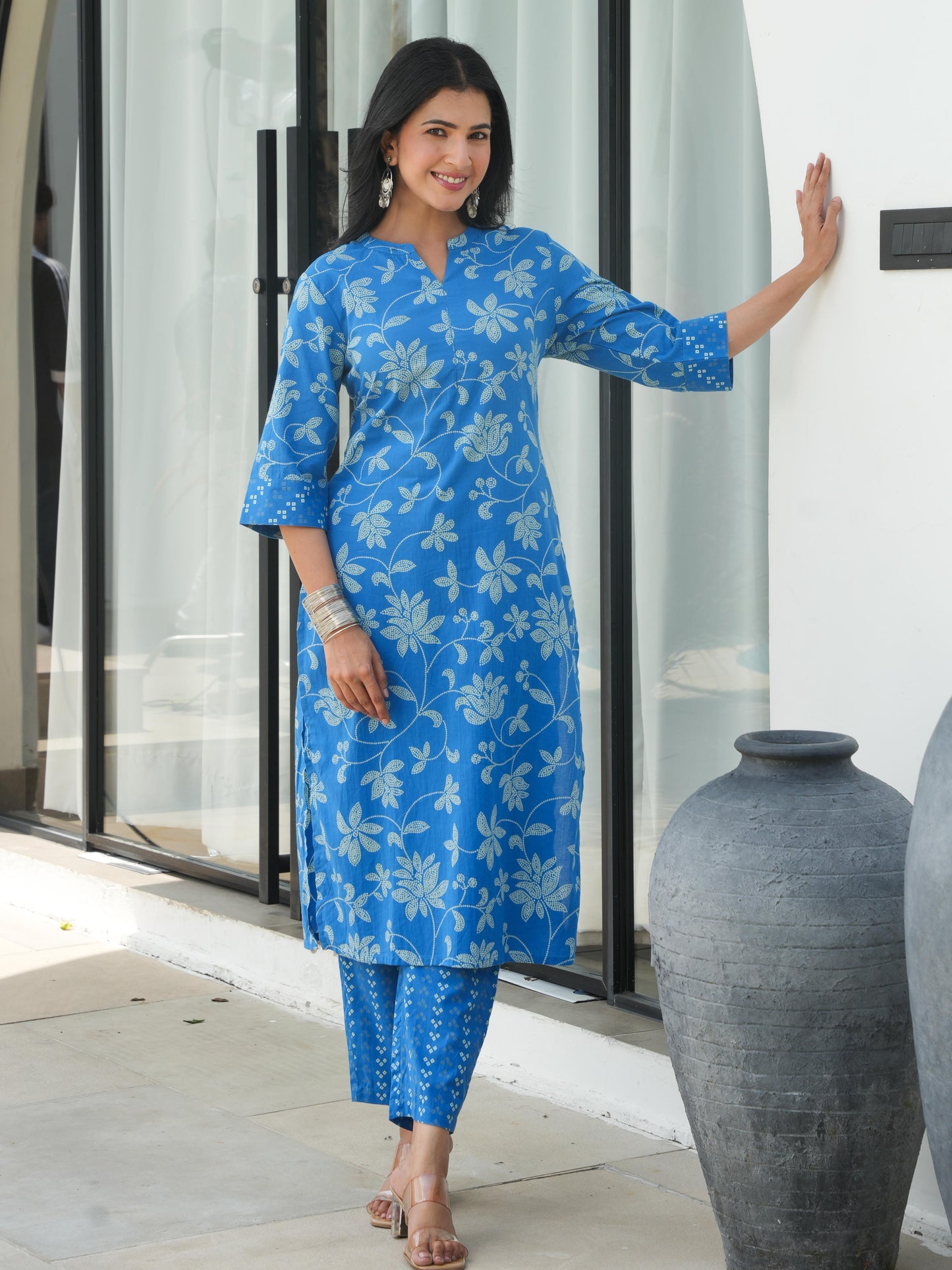 Soft Cotton Bandhani Straight Blue Kurta