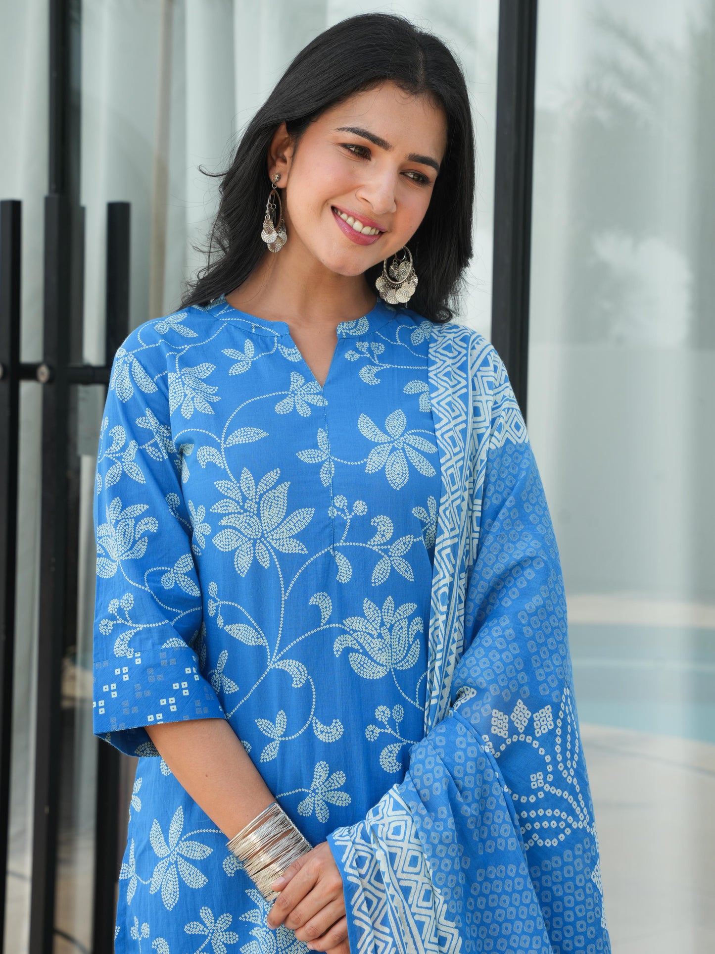 Soft Cotton Bandhani Straight Blue Kurta