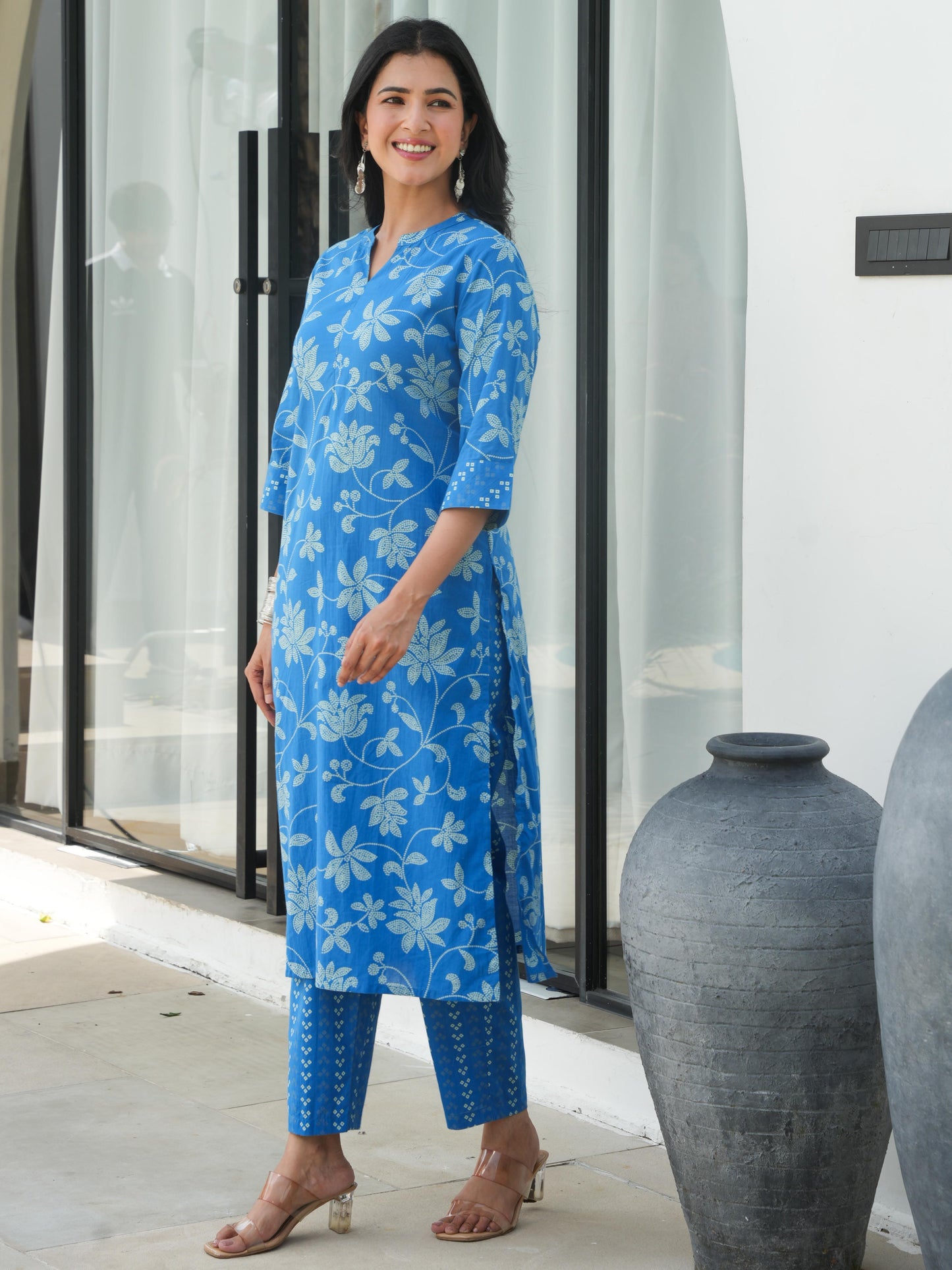 Soft Cotton Bandhani Straight Blue Kurta