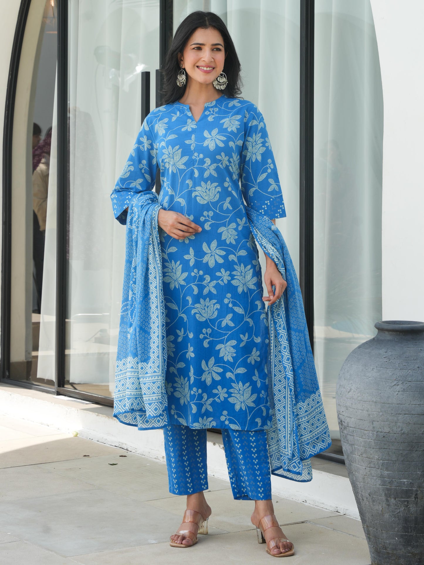 Soft Cotton Bandhani Straight Blue Kurta