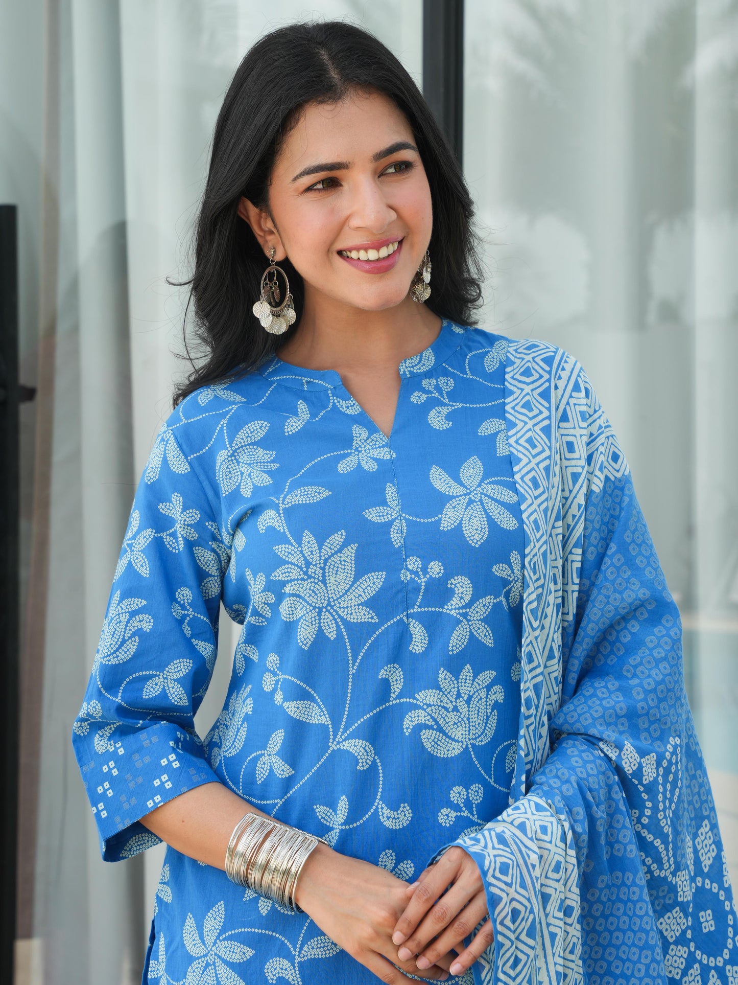Soft Cotton Bandhani Straight Blue Kurta