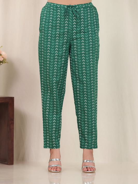 Soft Cotton Bandhani Green Tapered Trousers