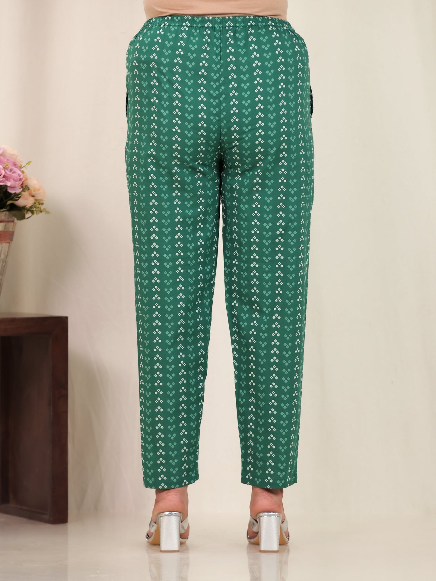 Soft Cotton Bandhani Green Tapered Trousers