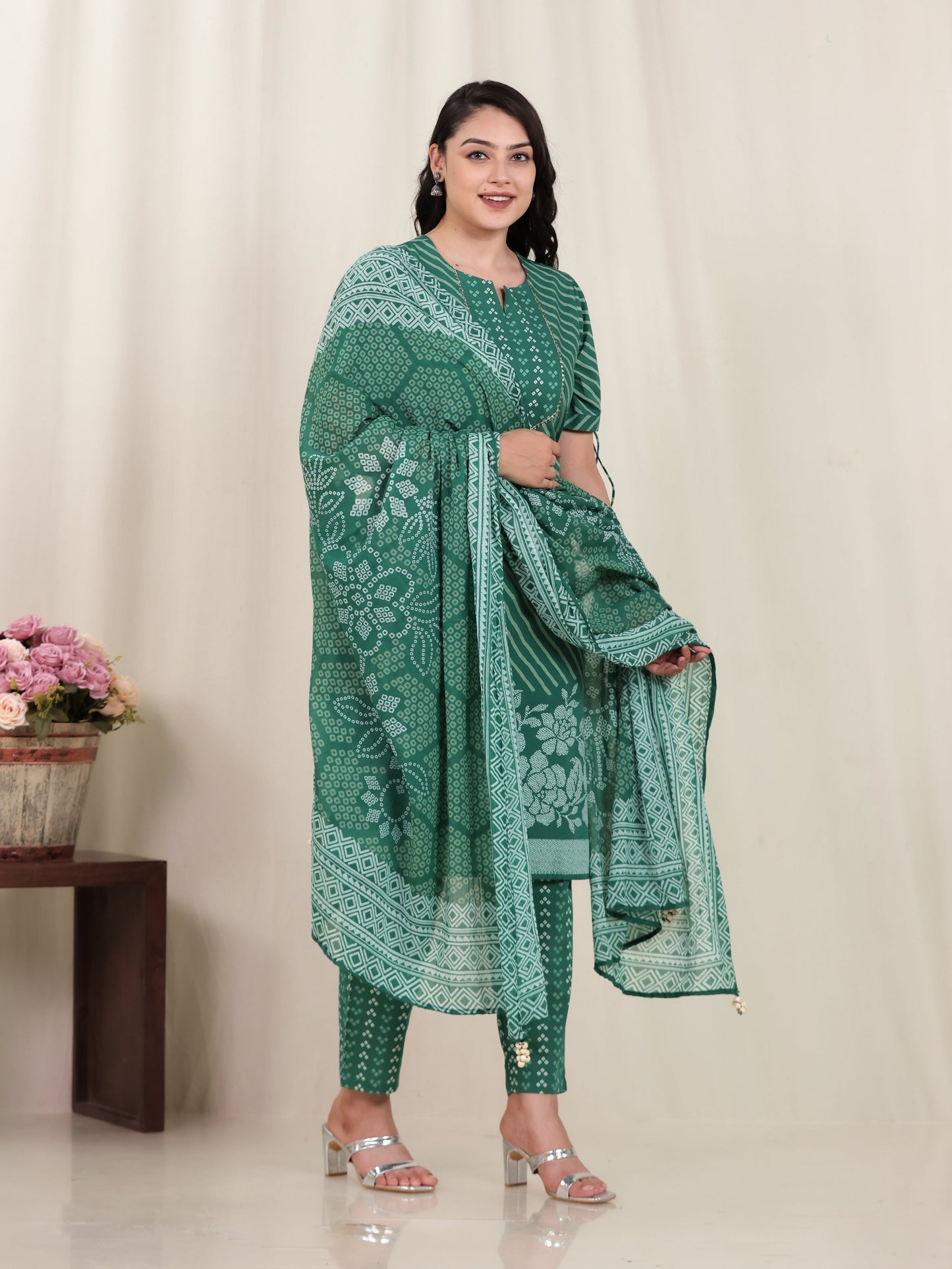 Cotton Voile Bandhani Green Dupatta