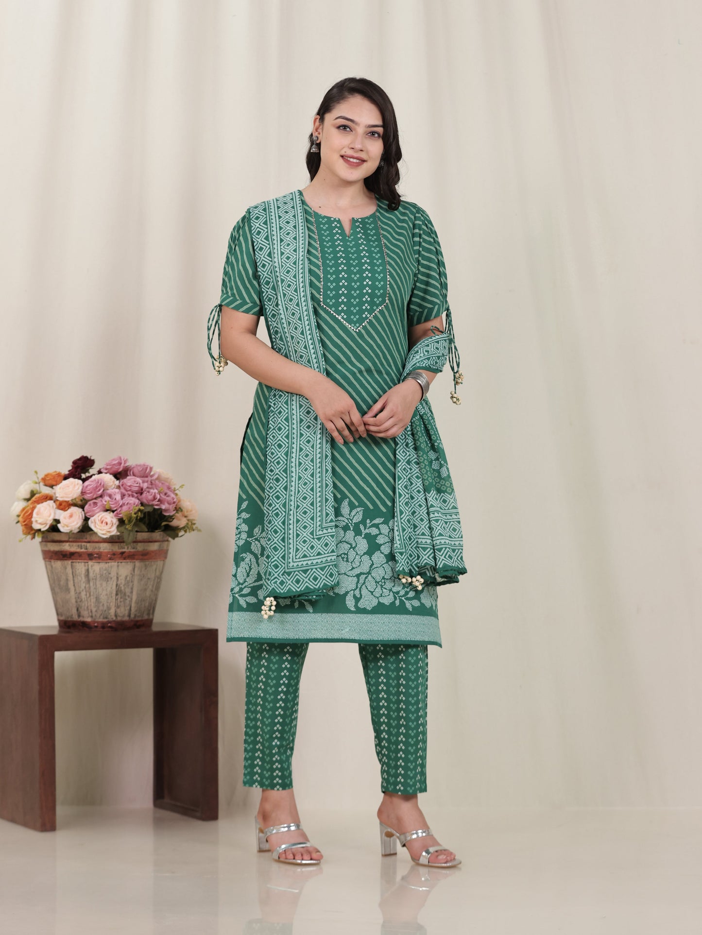 Soft Cotton Placement Print Straight Green Kurta