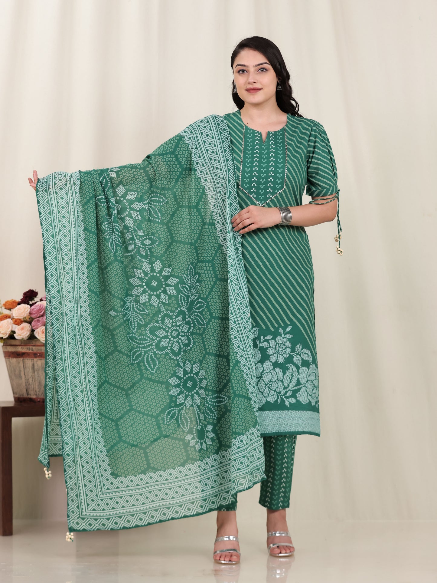 Soft Cotton Placement Print Straight Green Kurta