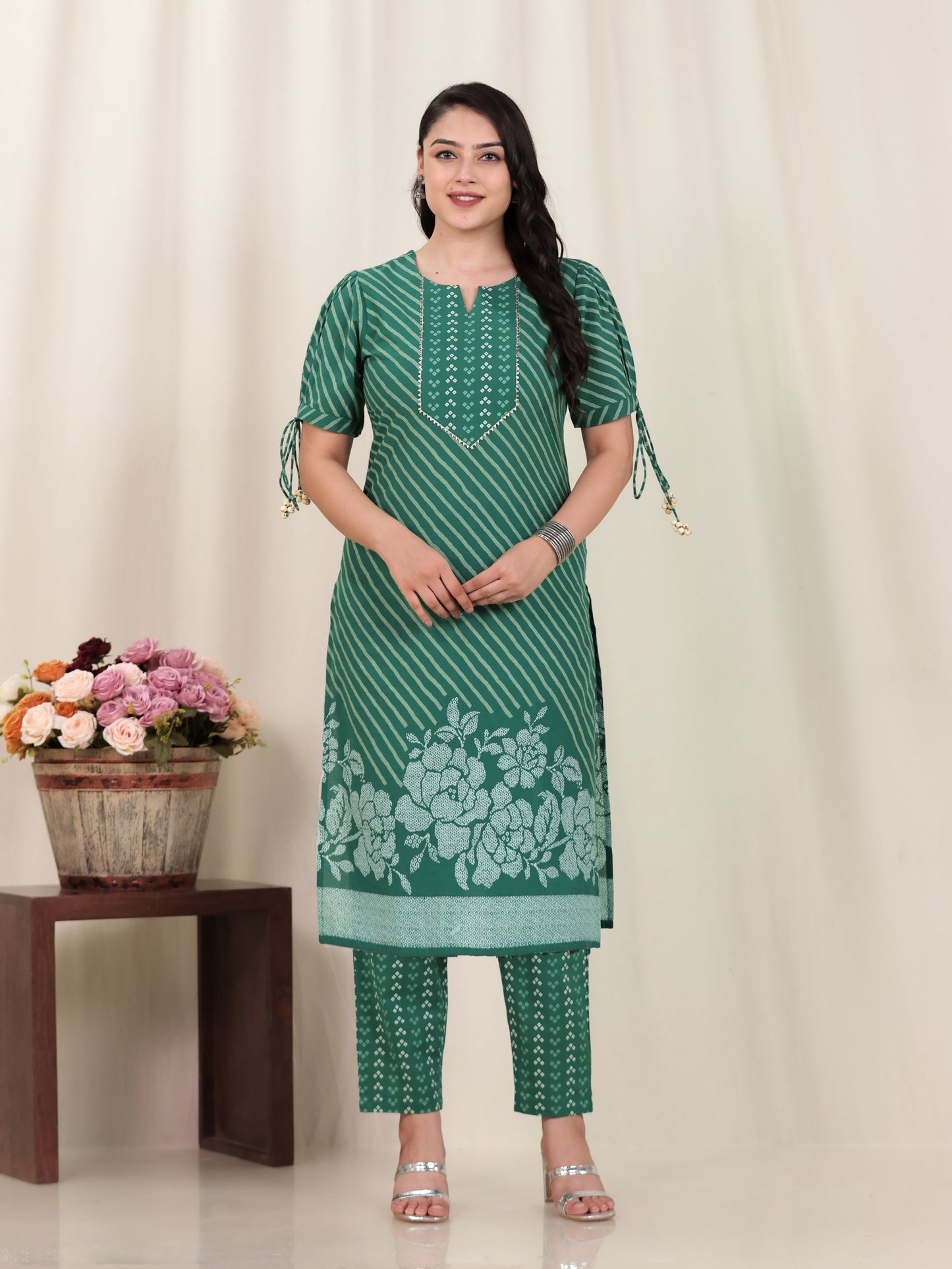Soft Cotton Placement Print Straight Green Kurta