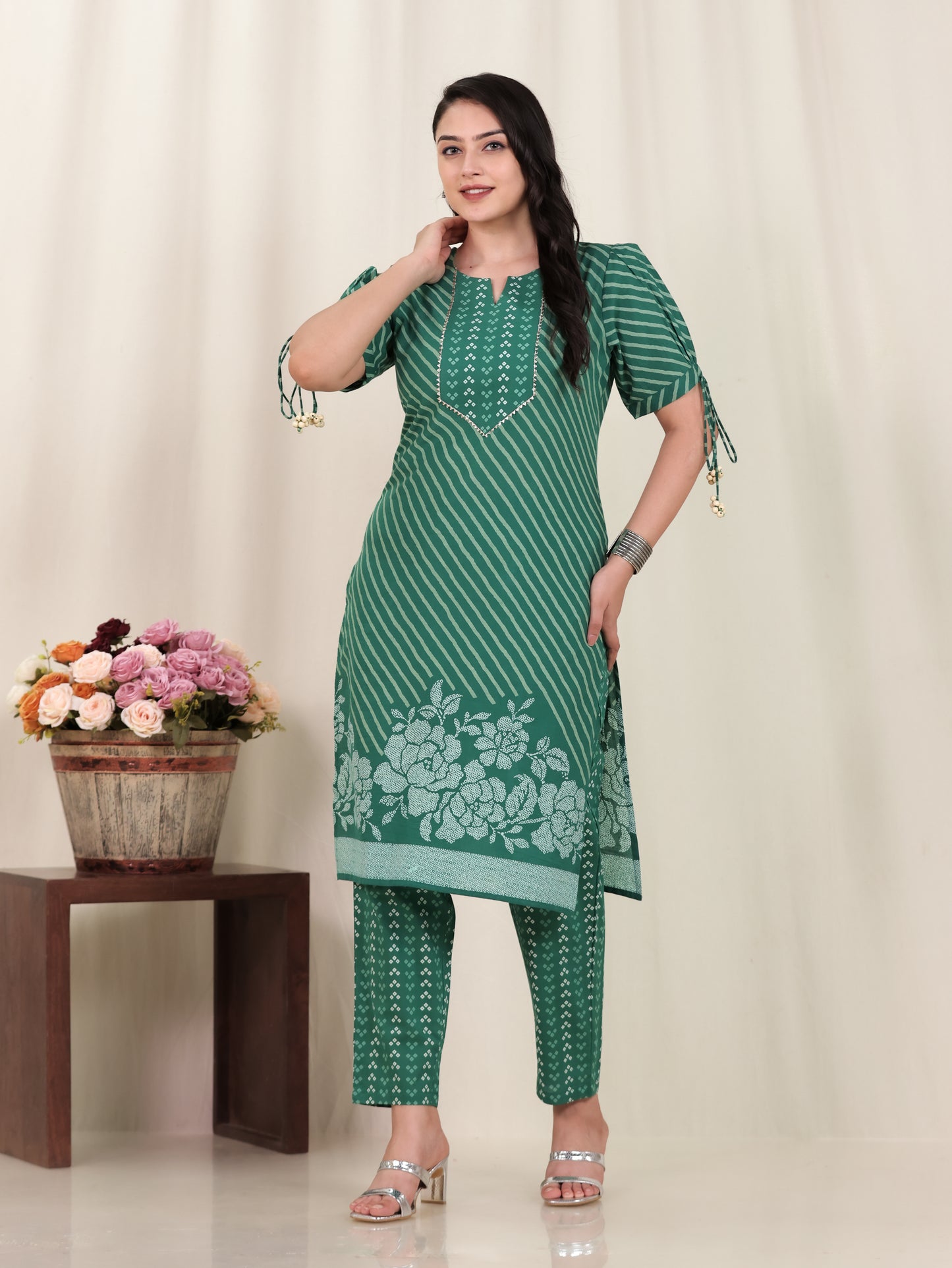Soft Cotton Placement Print Straight Green Kurta