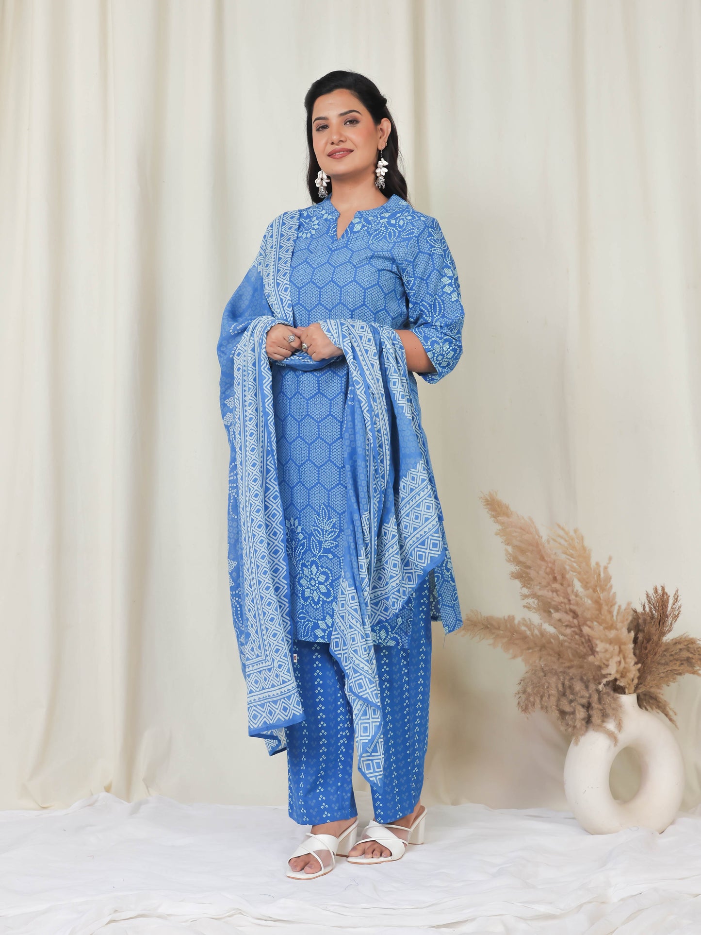 Soft Cotton Bandhani Straight Blue Kurta