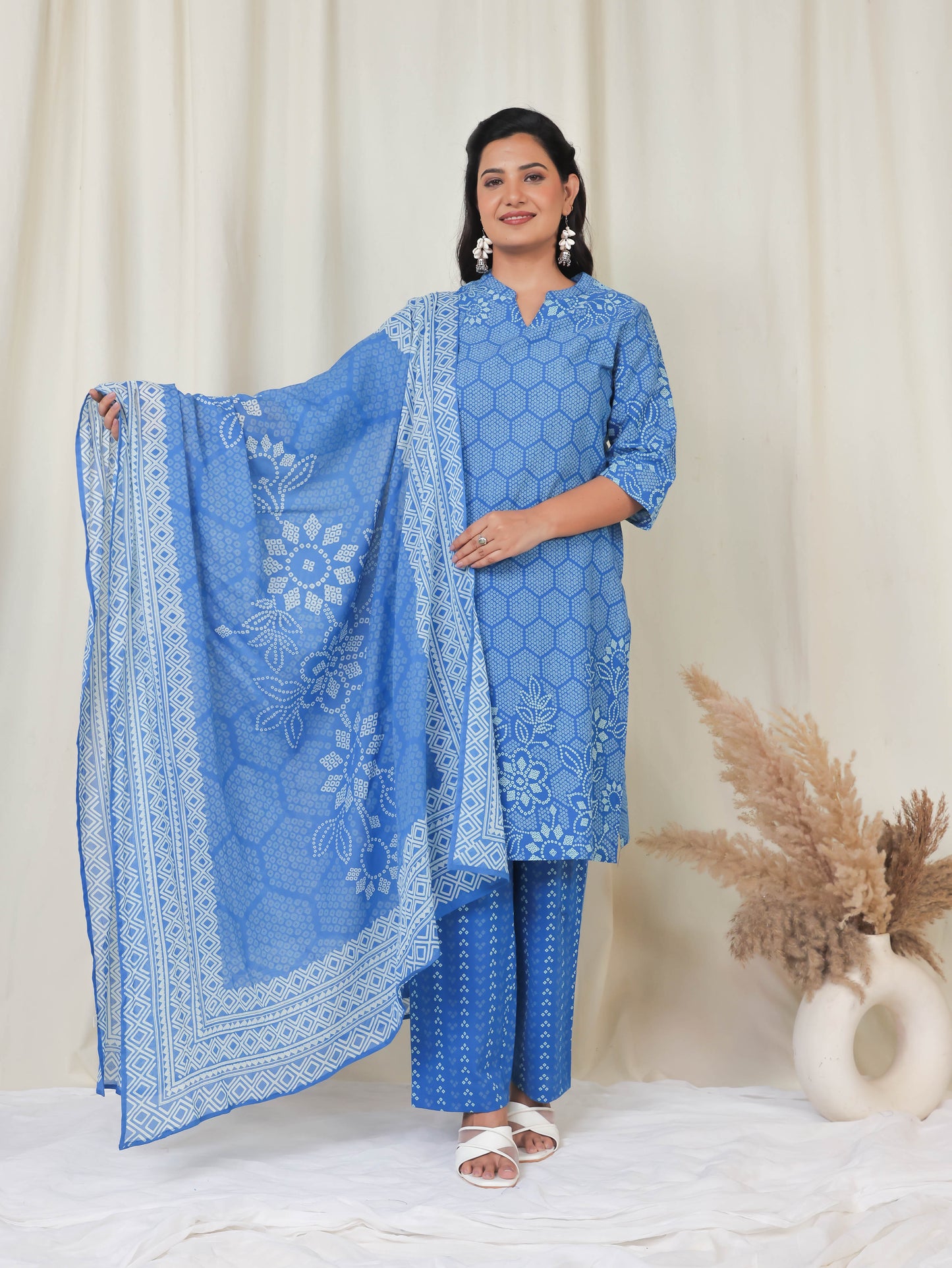 Soft Cotton Bandhani Straight Blue Kurta