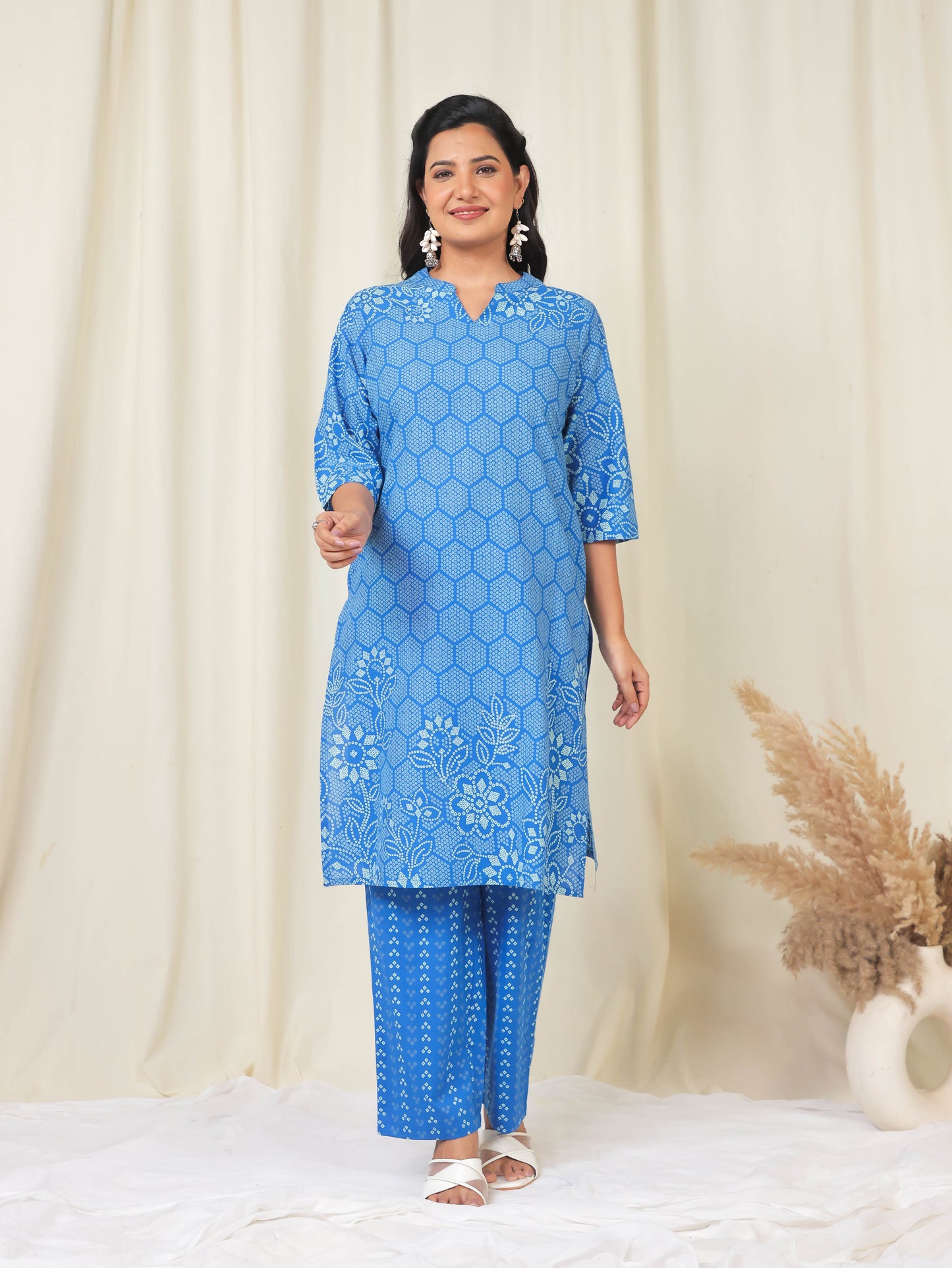 Soft Cotton Bandhani Straight Blue Kurta