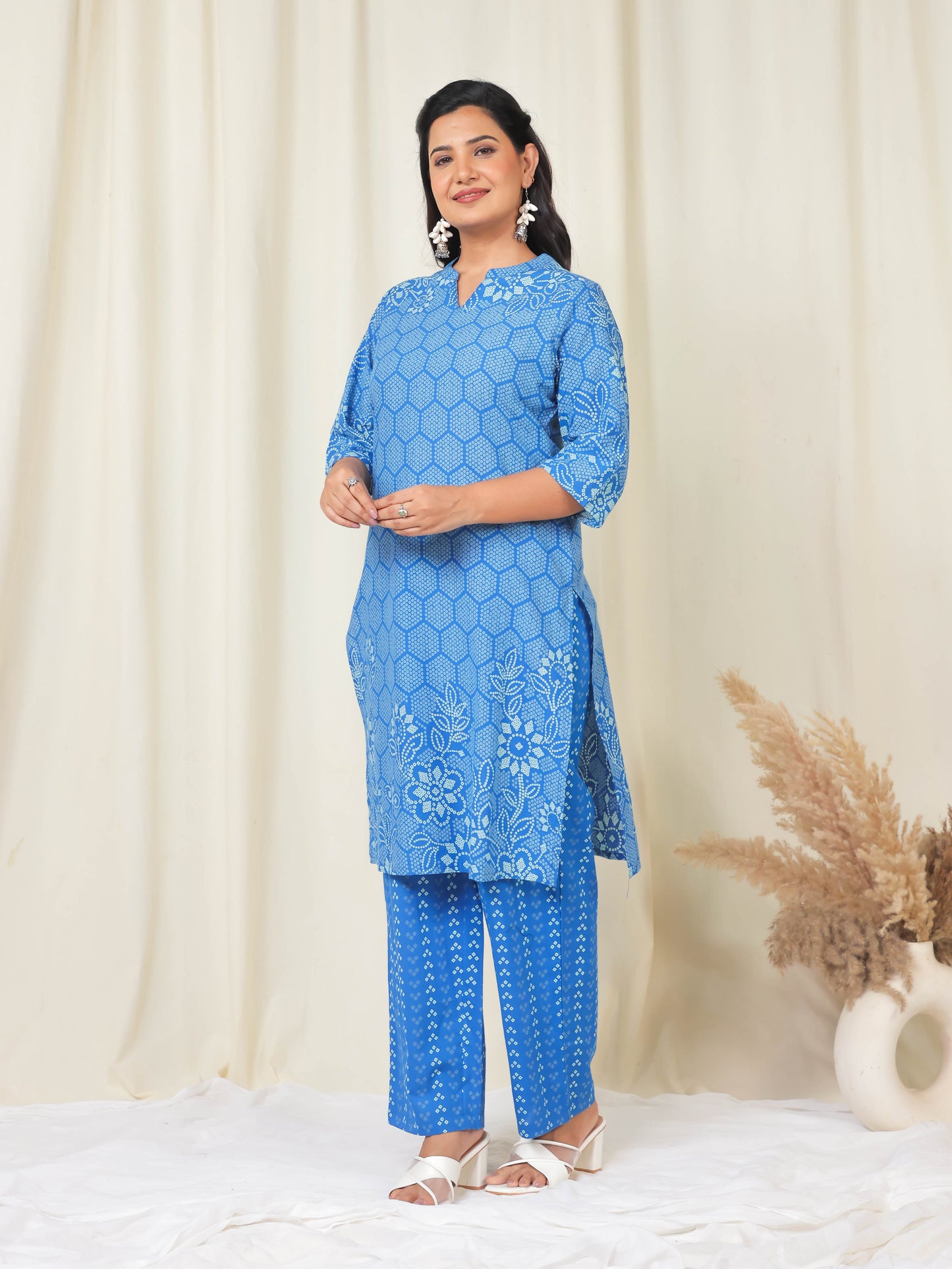 Soft Cotton Bandhani Straight Blue Kurta