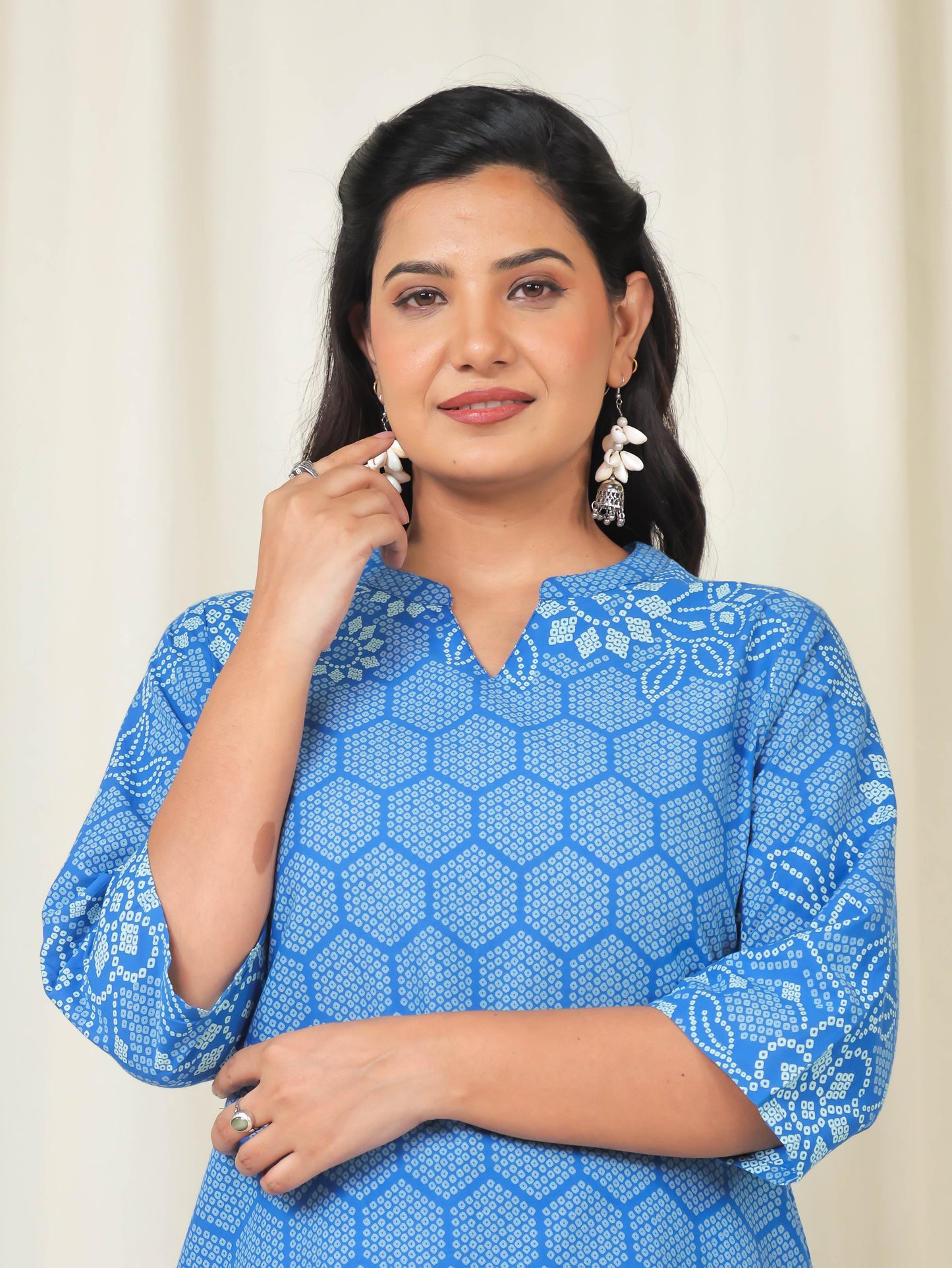 Soft Cotton Bandhani Straight Blue Kurta
