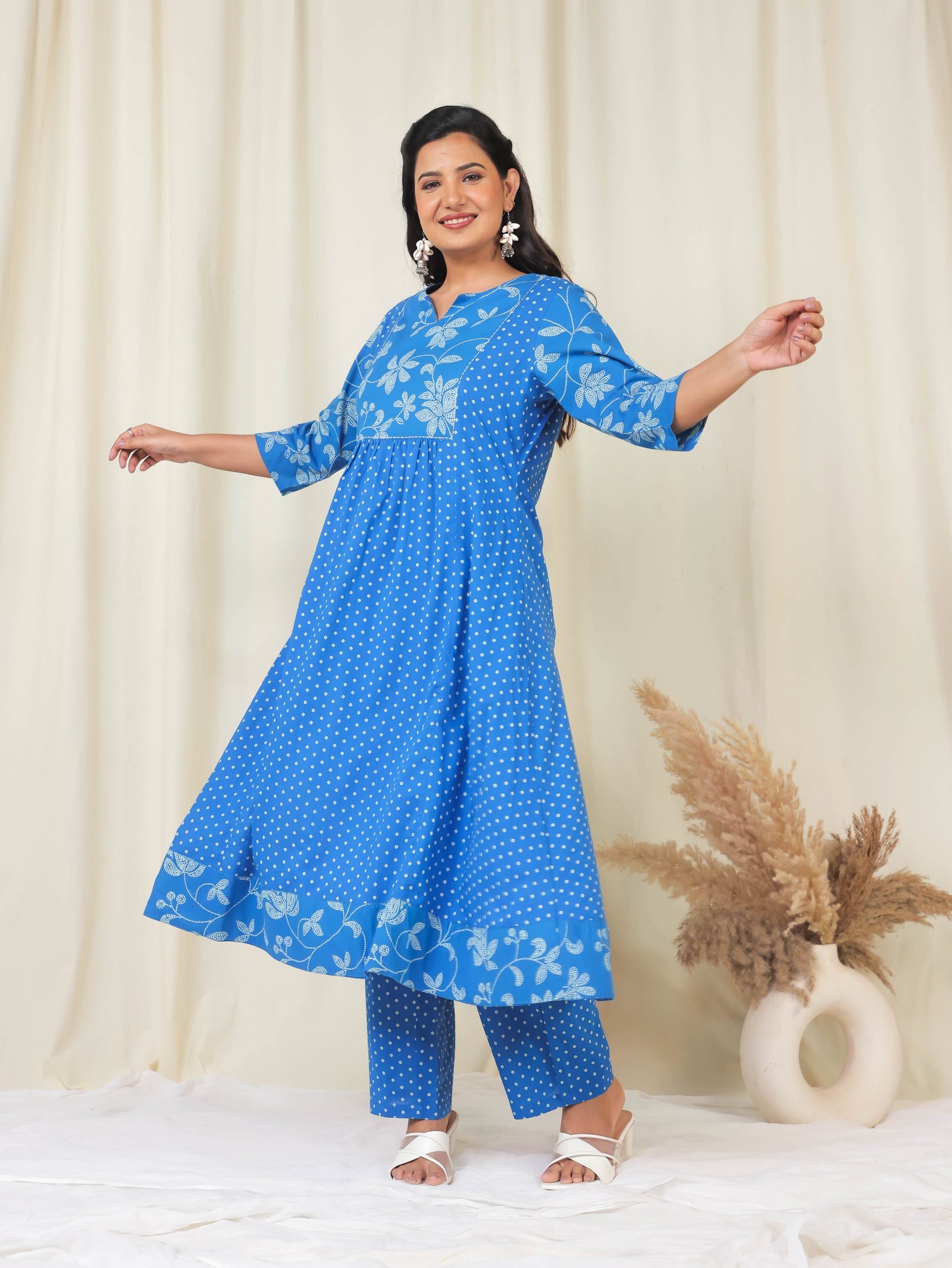 Embroidered Soft Cotton Bandhani Flared Blue Kurta