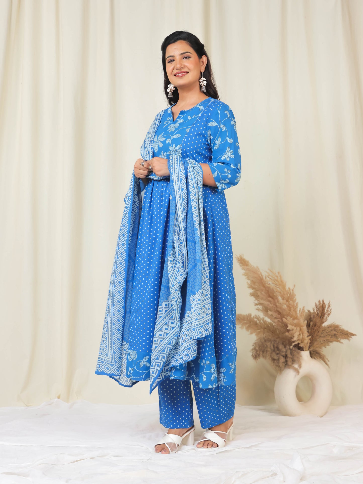 Embroidered Soft Cotton Bandhani Flared Blue Kurta