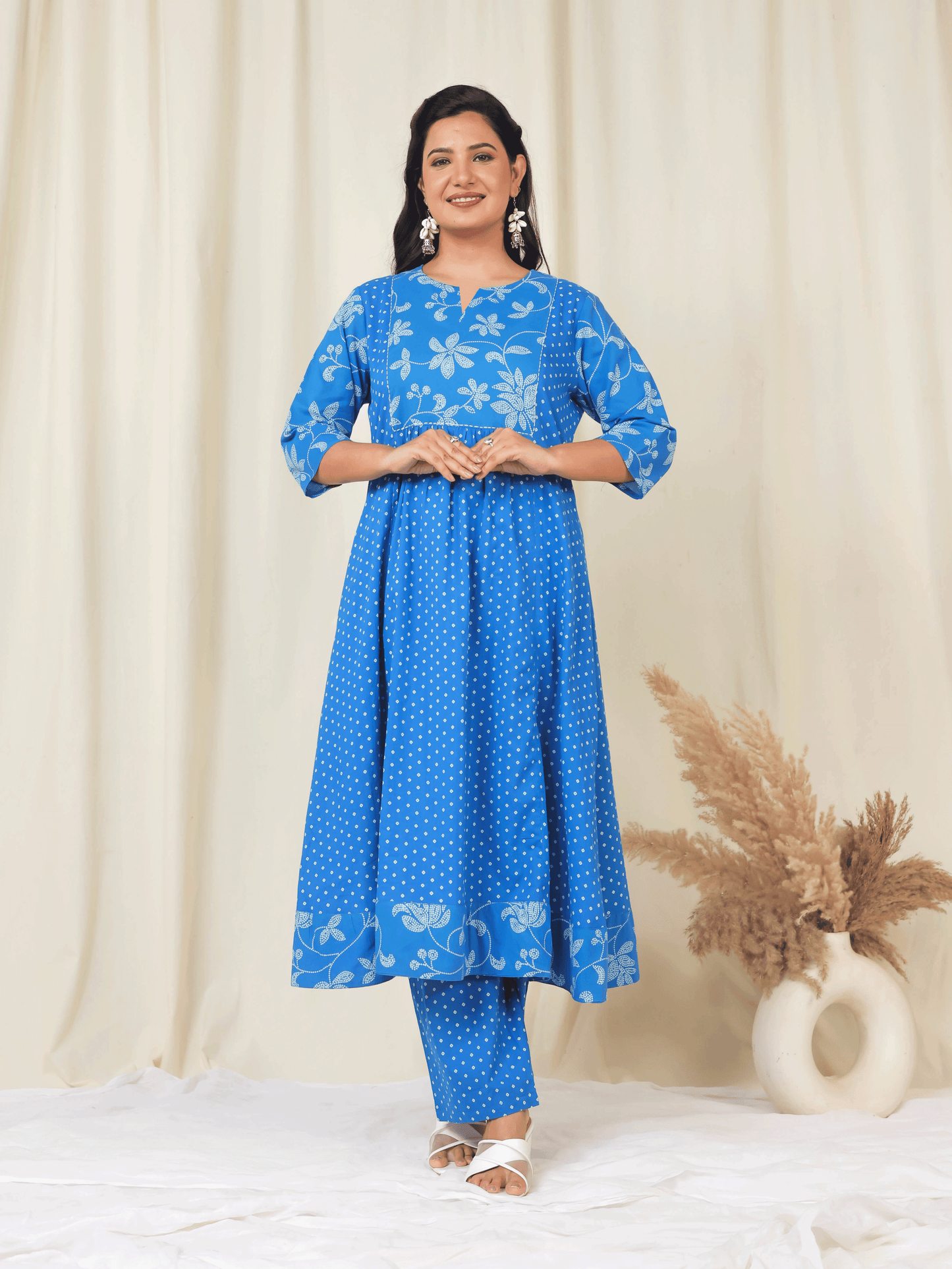 Embroidered Soft Cotton Bandhani Flared Blue Kurta