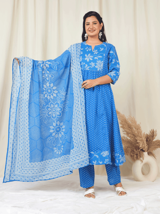 Embroidered Soft Cotton Bandhani Flared Blue Kurta