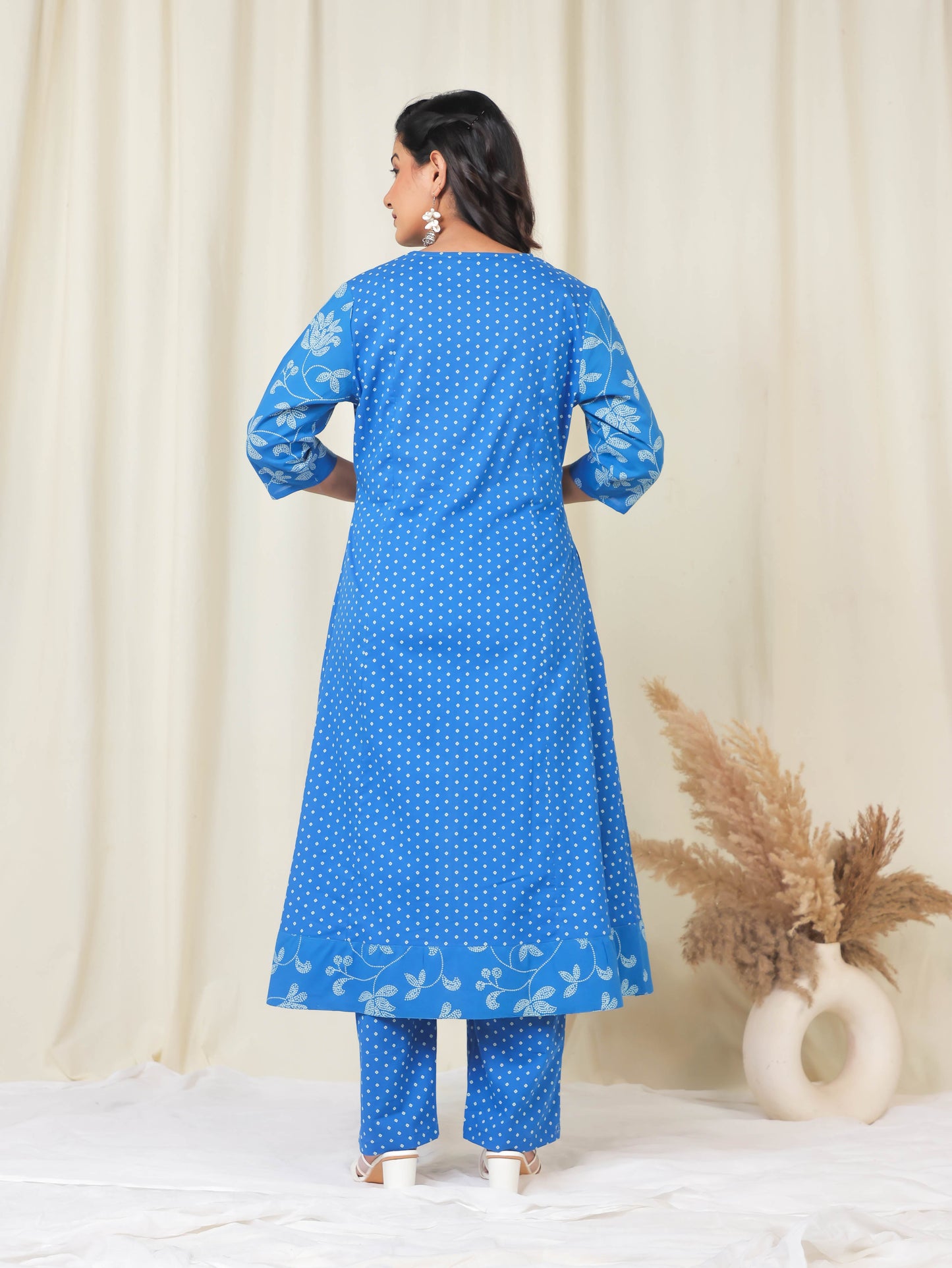 Embroidered Soft Cotton Bandhani Flared Blue Kurta