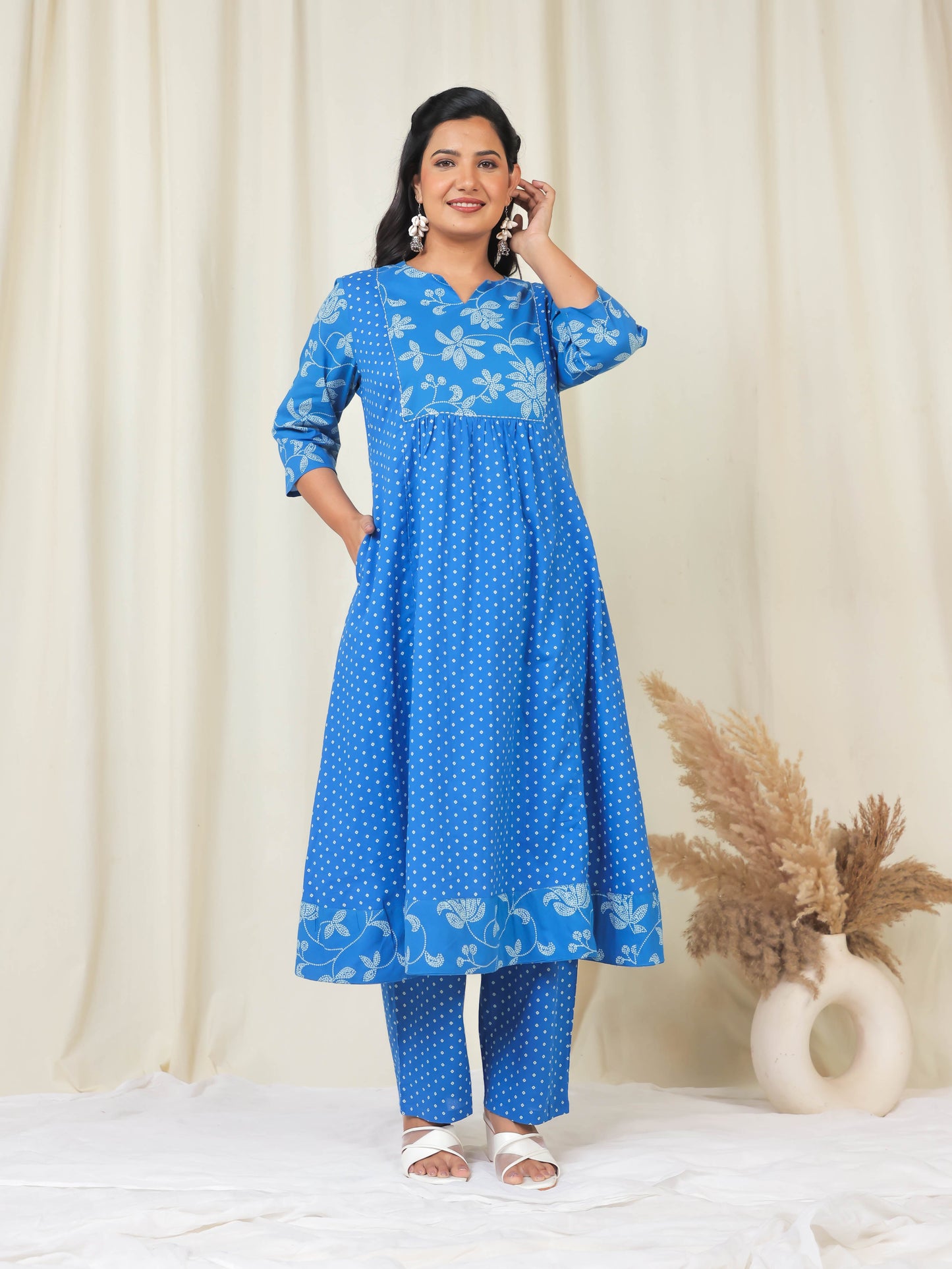 Embroidered Soft Cotton Bandhani Flared Blue Kurta