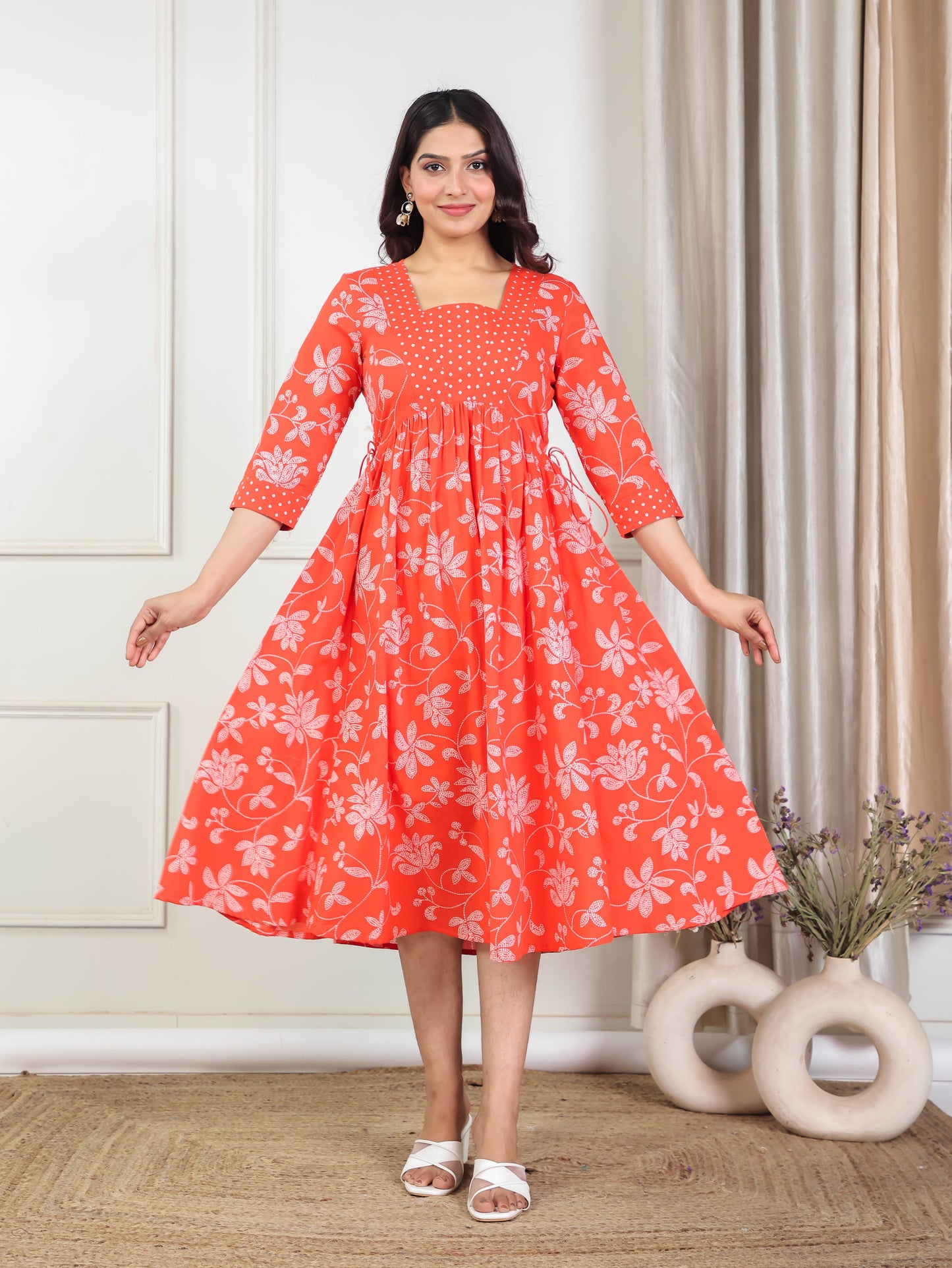 Soft Cotton Floral Anarkali Orange Dress