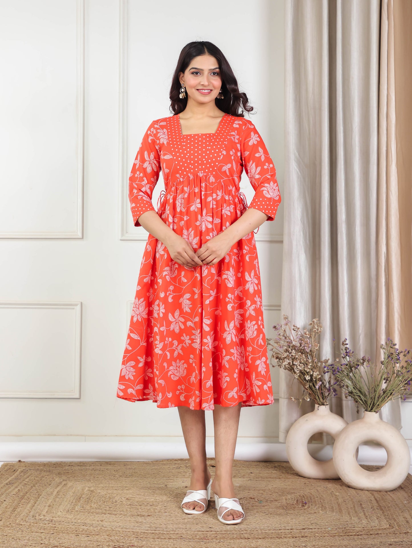 Soft Cotton Floral Anarkali Orange Dress