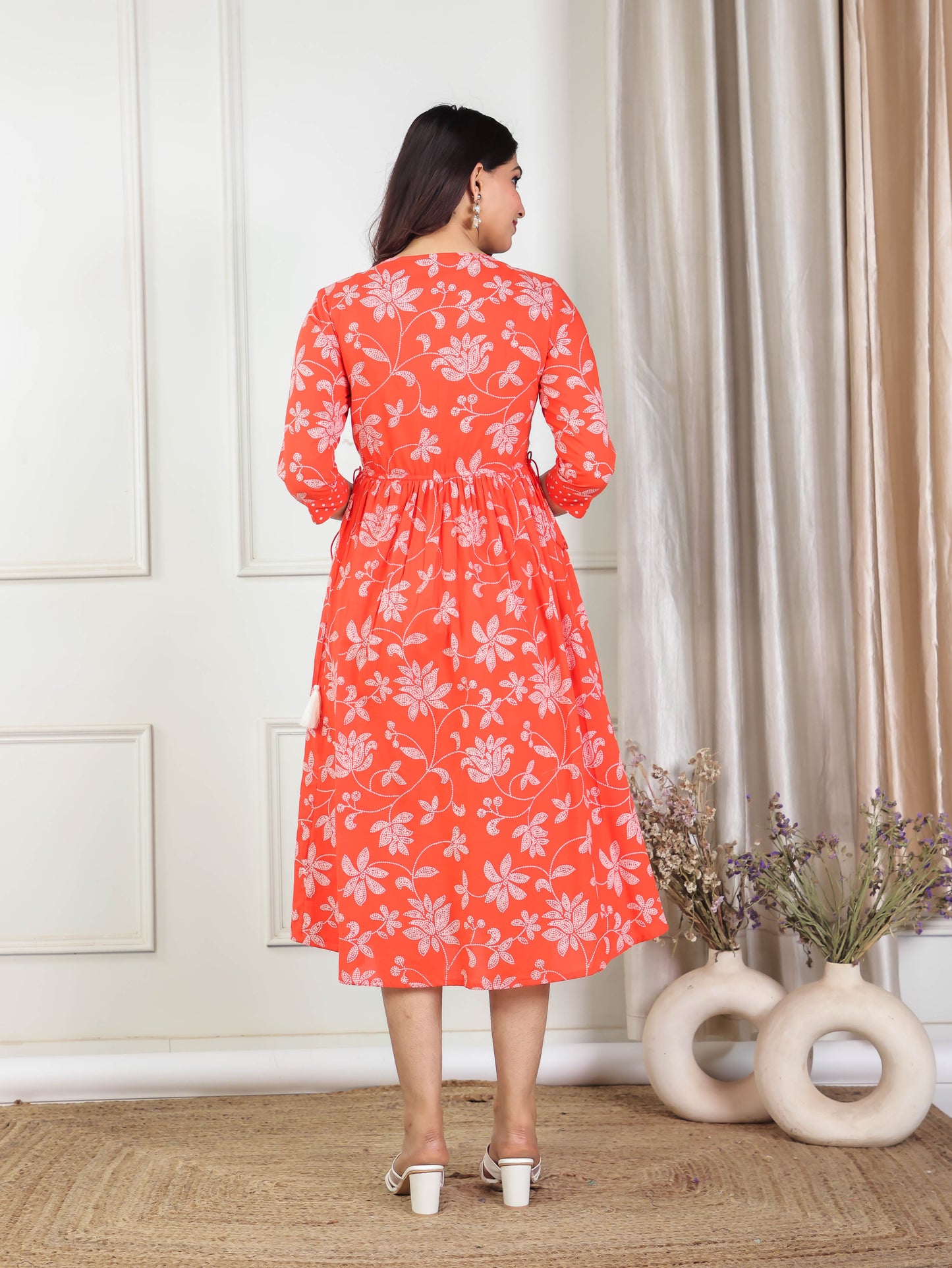 Soft Cotton Floral Anarkali Orange Dress